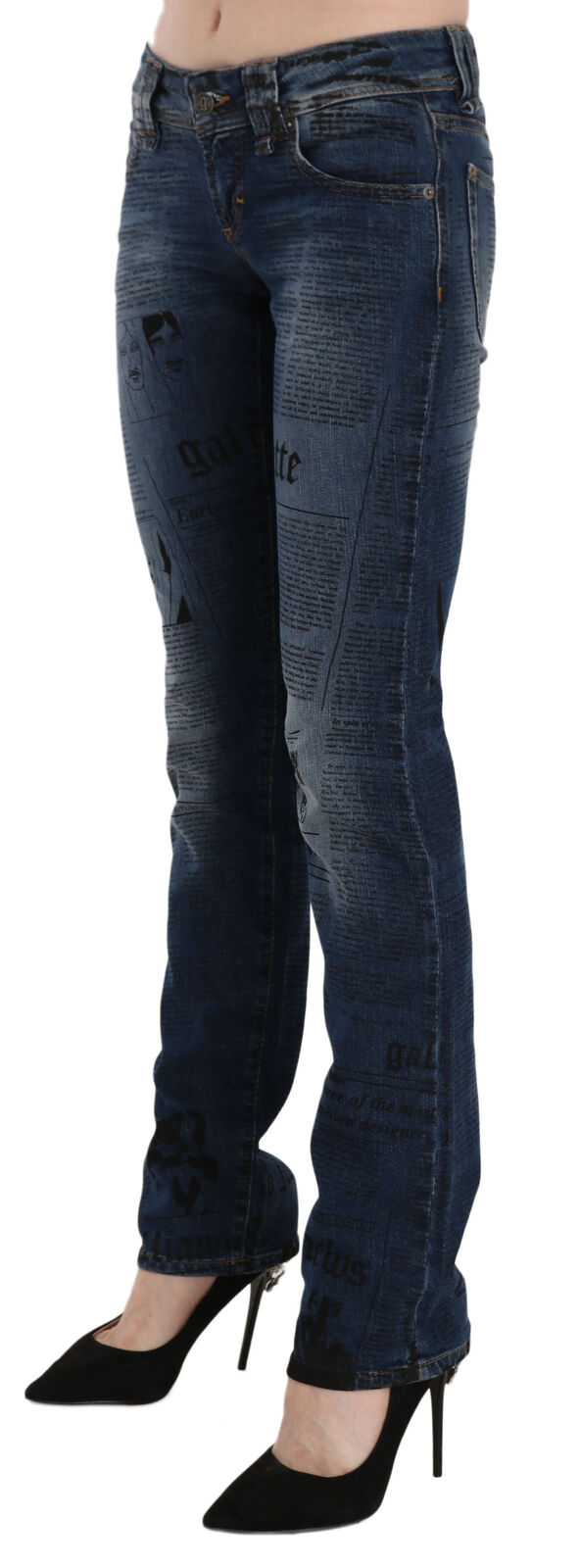 John Galliano Blaue Skinny Denim-Hose mit Zeitungsdruck und niedriger Taille