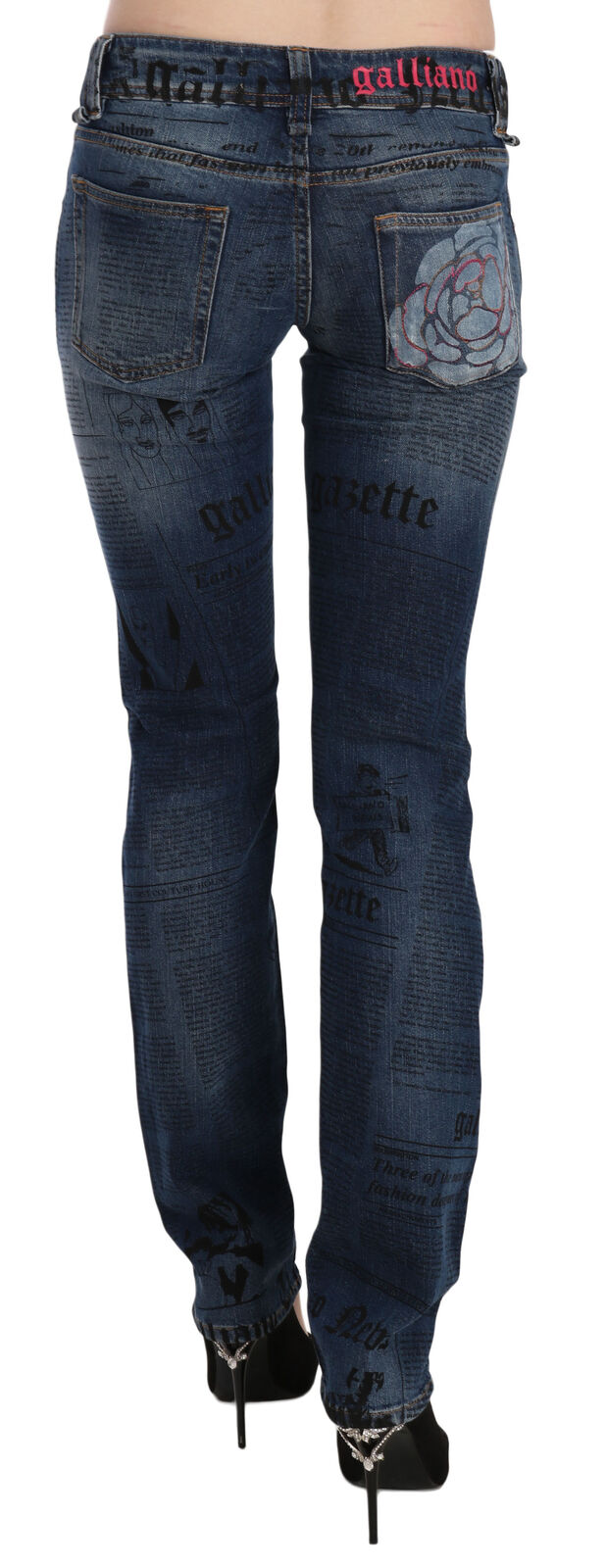 John Galliano Blaue Skinny Denim-Hose mit Zeitungsdruck und niedriger Taille