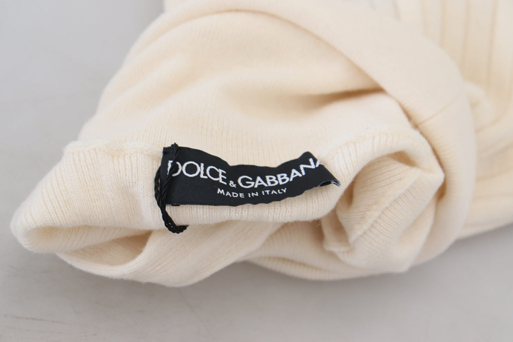Dolce & Gabbana Elfenbeinfarbener Rollkragenpullover mit ausgefranster Manschette