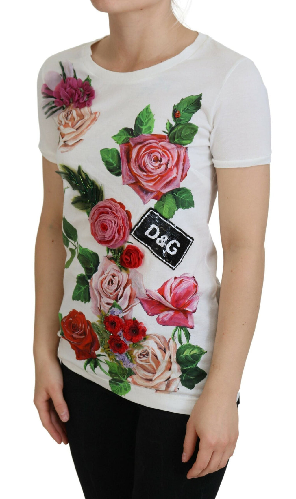 Dolce & Gabbana Weiße Rose DGLogo Bedrucktes Kurzarm-Top