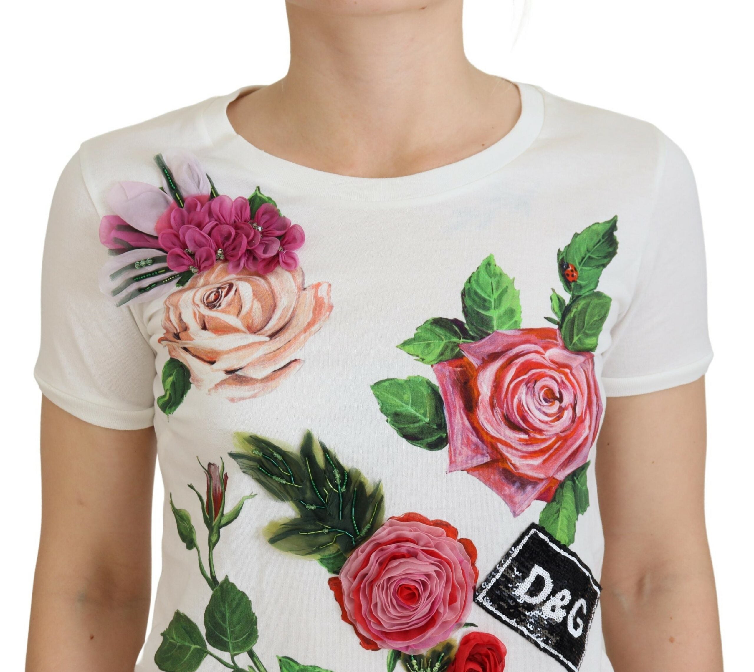 Dolce & Gabbana Weiße Rose DGLogo Bedrucktes Kurzarm-Top