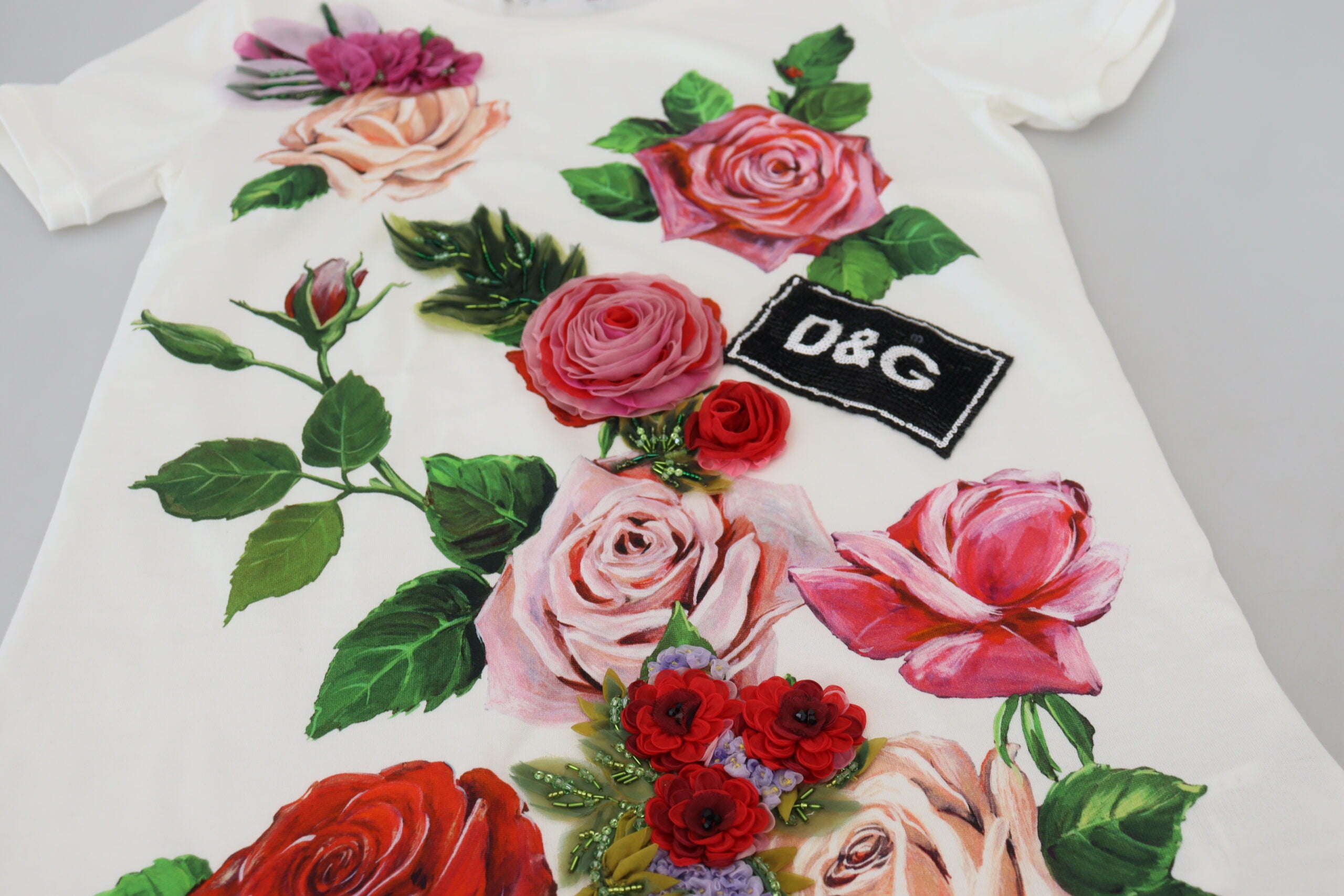 Dolce & Gabbana Weiße Rose DGLogo Bedrucktes Kurzarm-Top