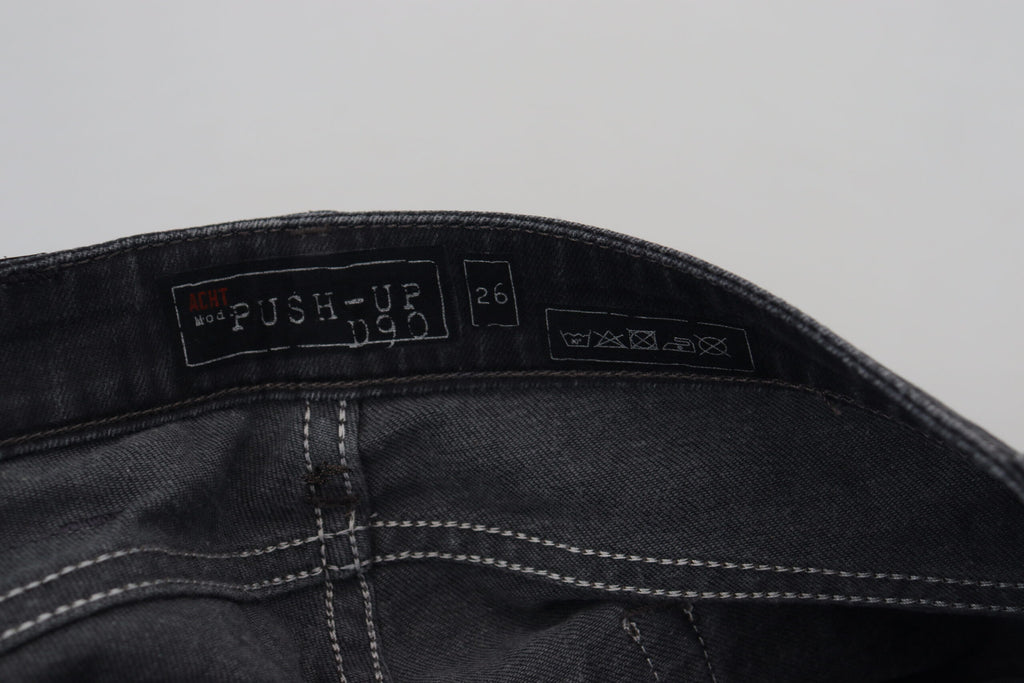 Acht Schwarze gewaschene Jeans mit niedriger Taille und schmaler Passform aus Baumwoll-Denim