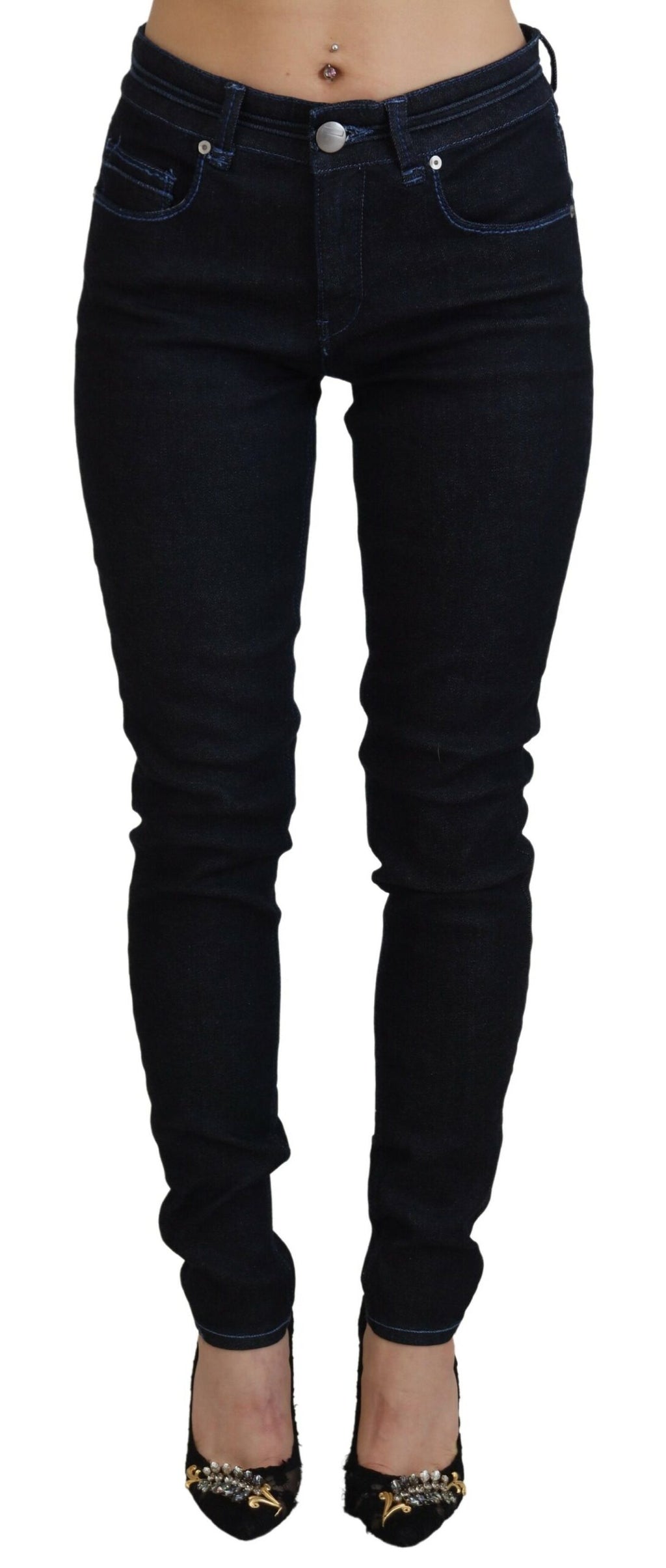 Acht Dunkelblaue Slim Fit Denim-Jeans mit niedriger Taille für Frauen