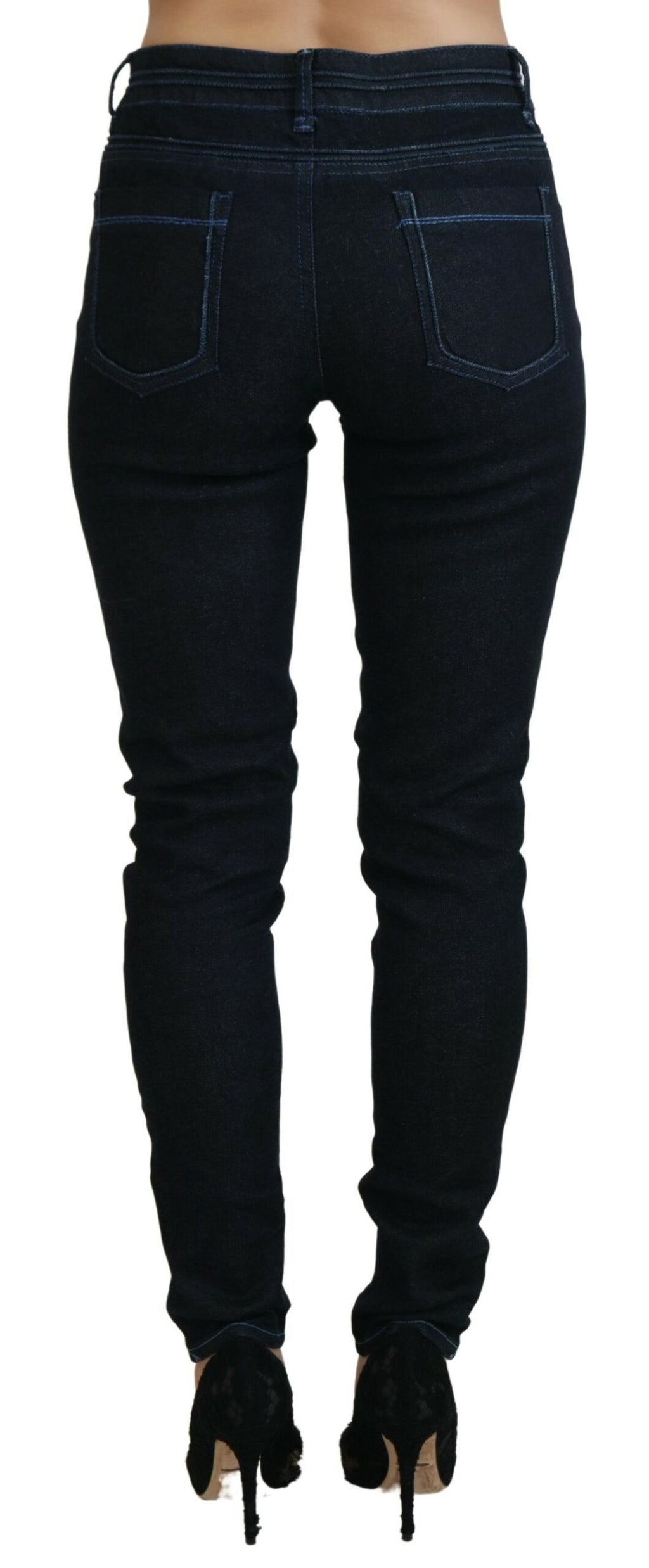 Acht Dunkelblaue Slim Fit Denim-Jeans mit niedriger Taille für Frauen