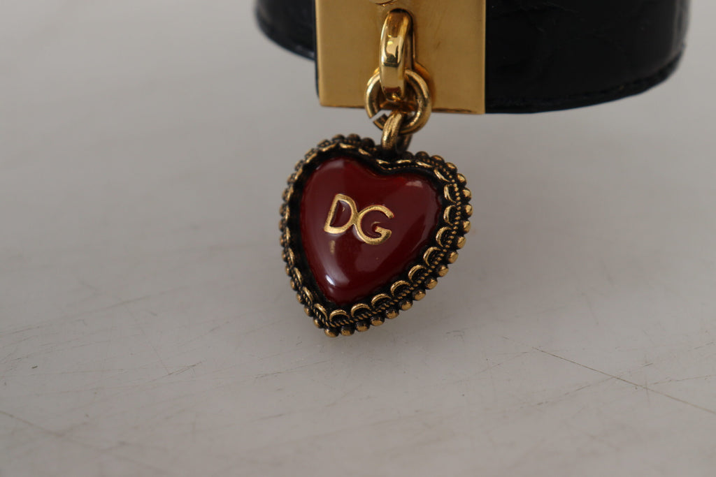 Dolce & Gabbana Schwarzes Dauphine Leder DG Herz Schlüsselanhänger Armband