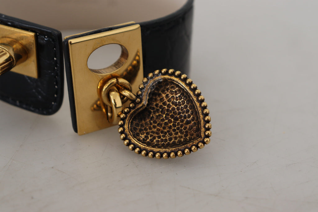 Dolce & Gabbana Schwarzes Dauphine Leder DG Herz Schlüsselanhänger Armband