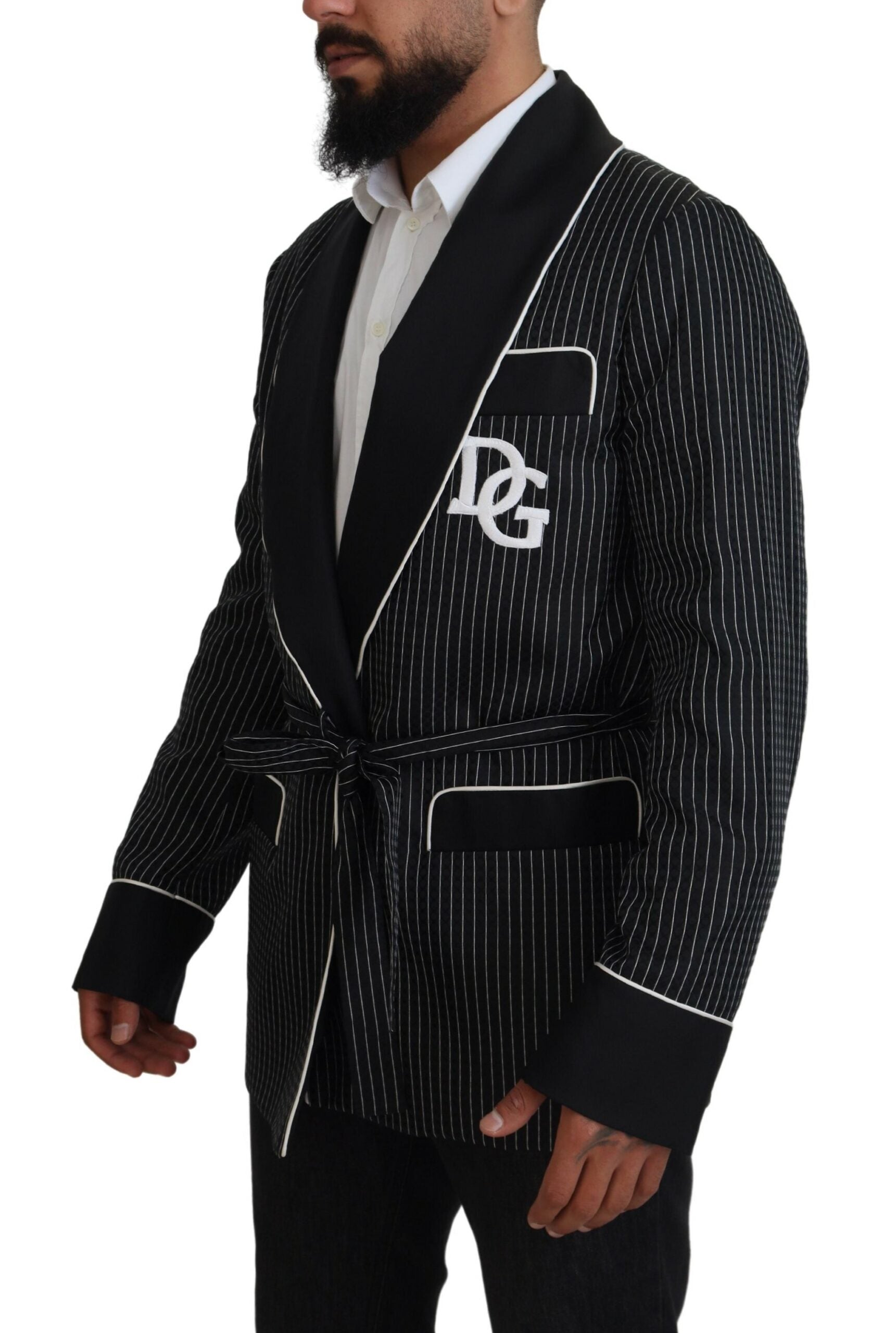 Dolce & Gabbana Schwarze Robe Gestreifte DG Patch Jacke Männer Blazer