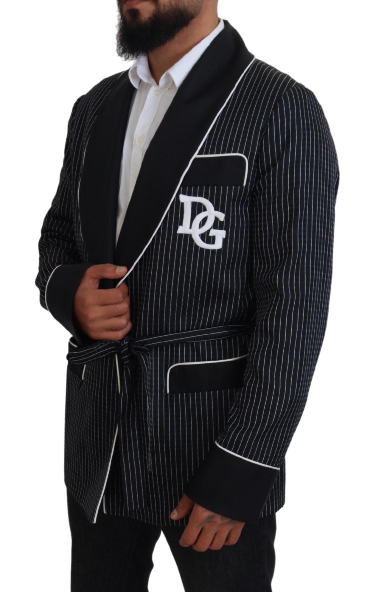 Dolce & Gabbana Schwarze Robe Gestreifte DG Patch Jacke Männer Blazer