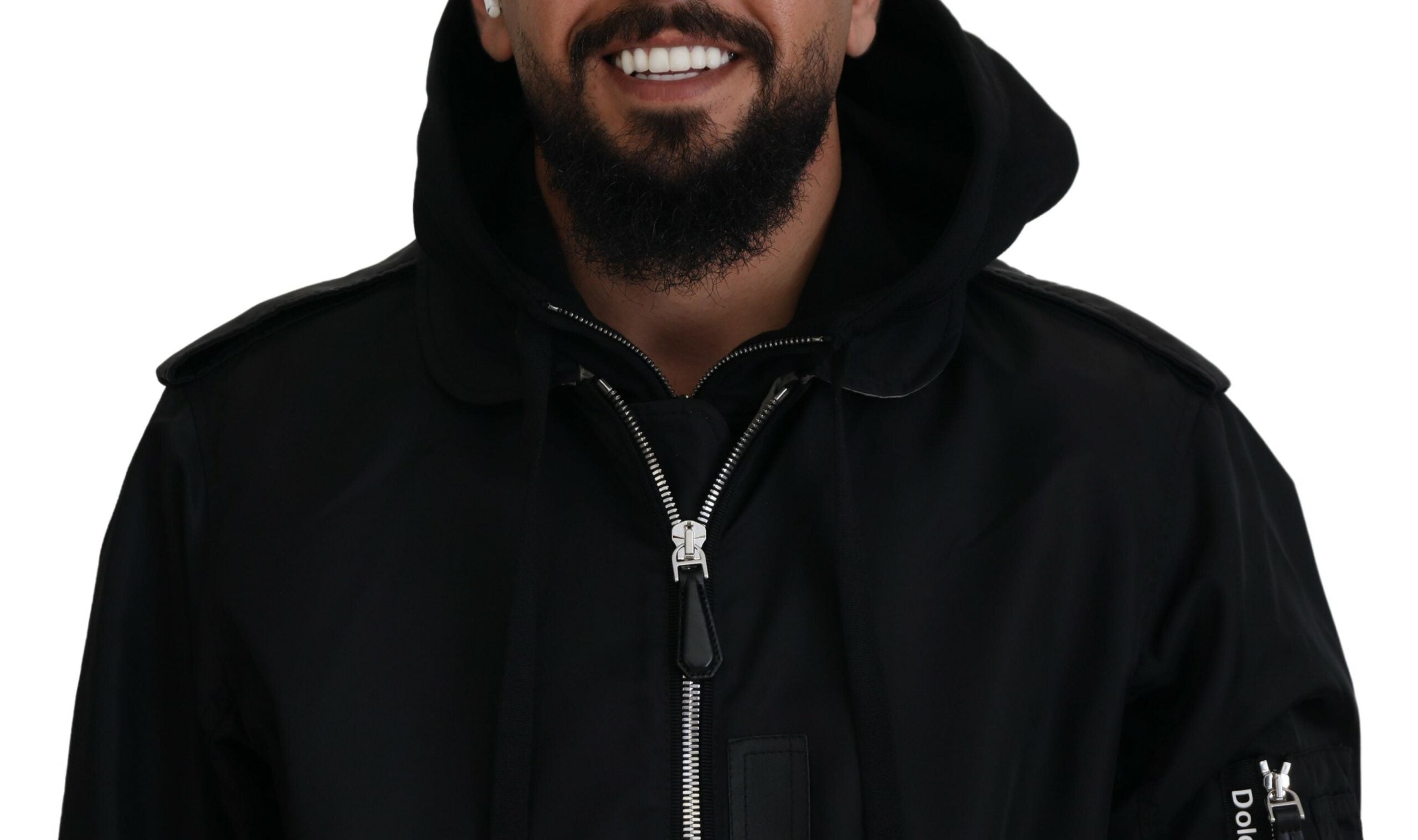 Dolce & Gabbana Schwarzes Nylon mit Kapuze und durchgehendem Reißverschluss Männer Mantel Jacke