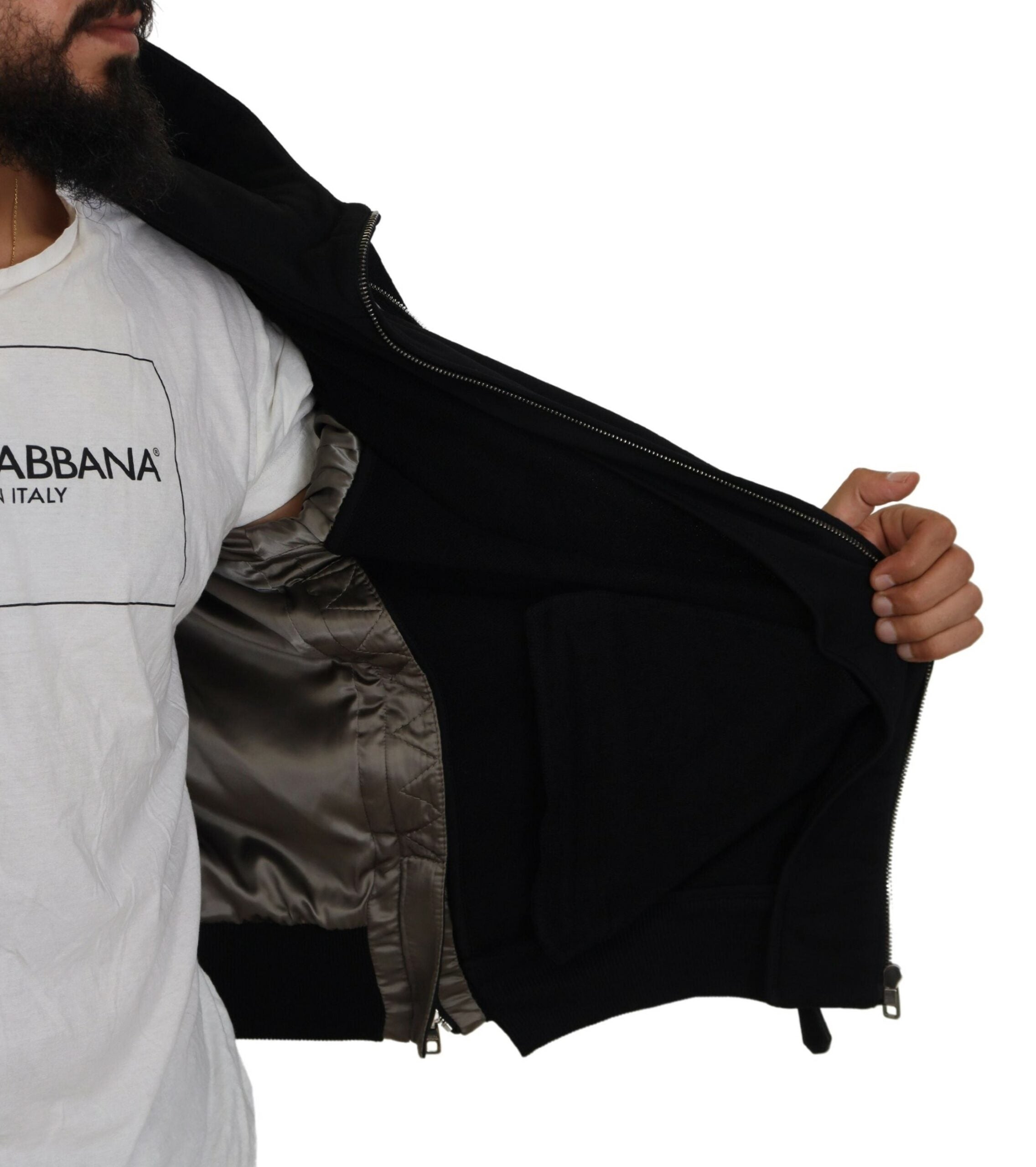 Dolce & Gabbana Schwarzes Nylon mit Kapuze und durchgehendem Reißverschluss Männer Mantel Jacke