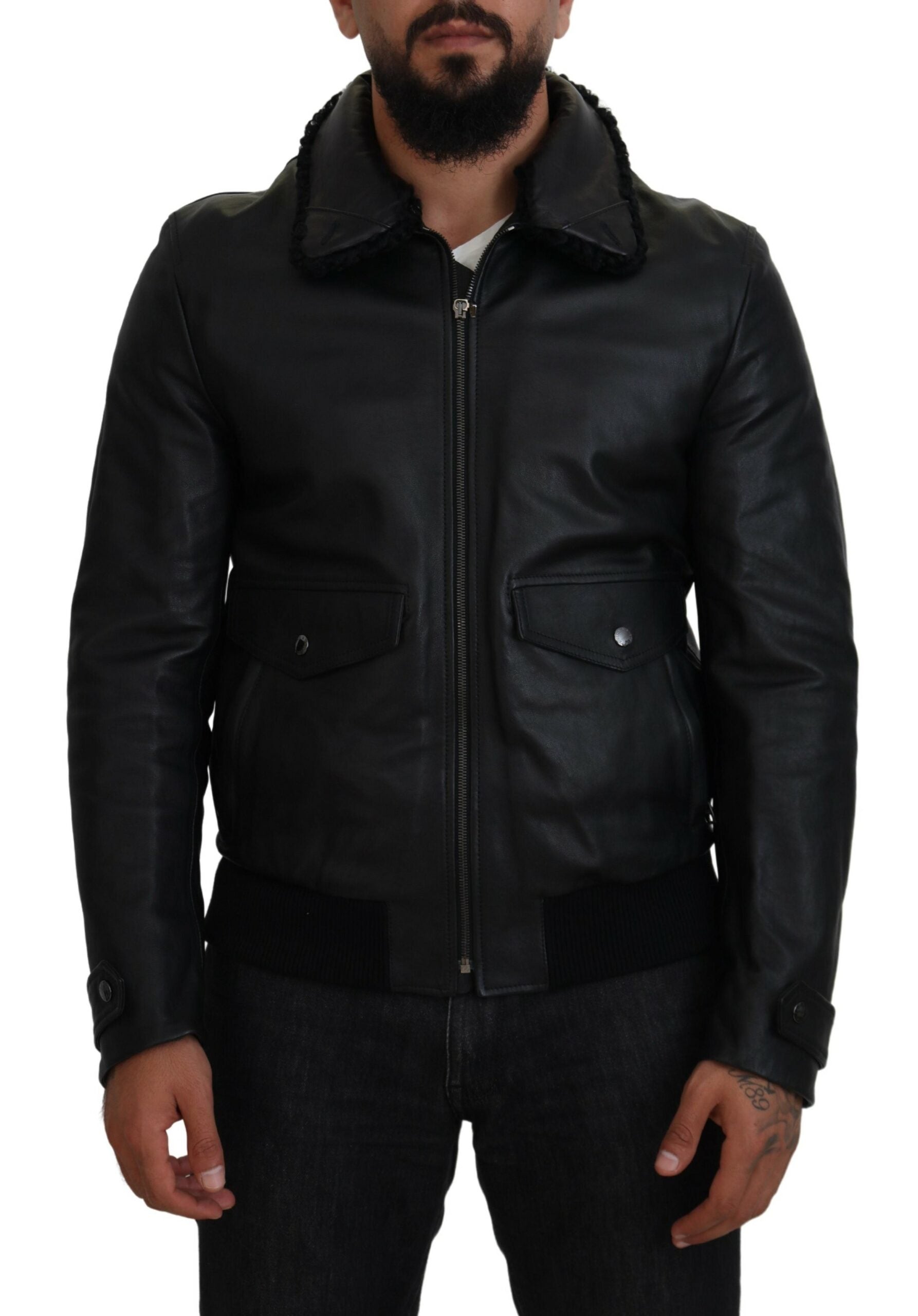 Dolce & Gabbana Schwarzes Lammleder mit Kragen Herrenmantel Jacke