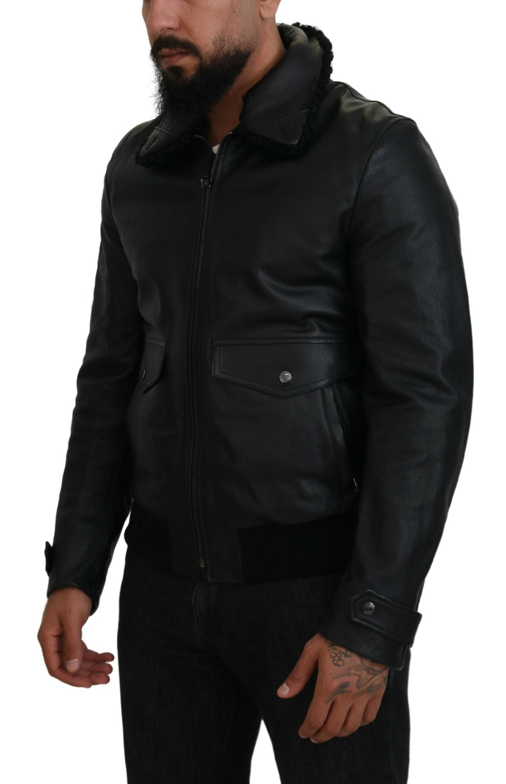 Dolce & Gabbana Schwarzes Lammleder mit Kragen Herrenmantel Jacke