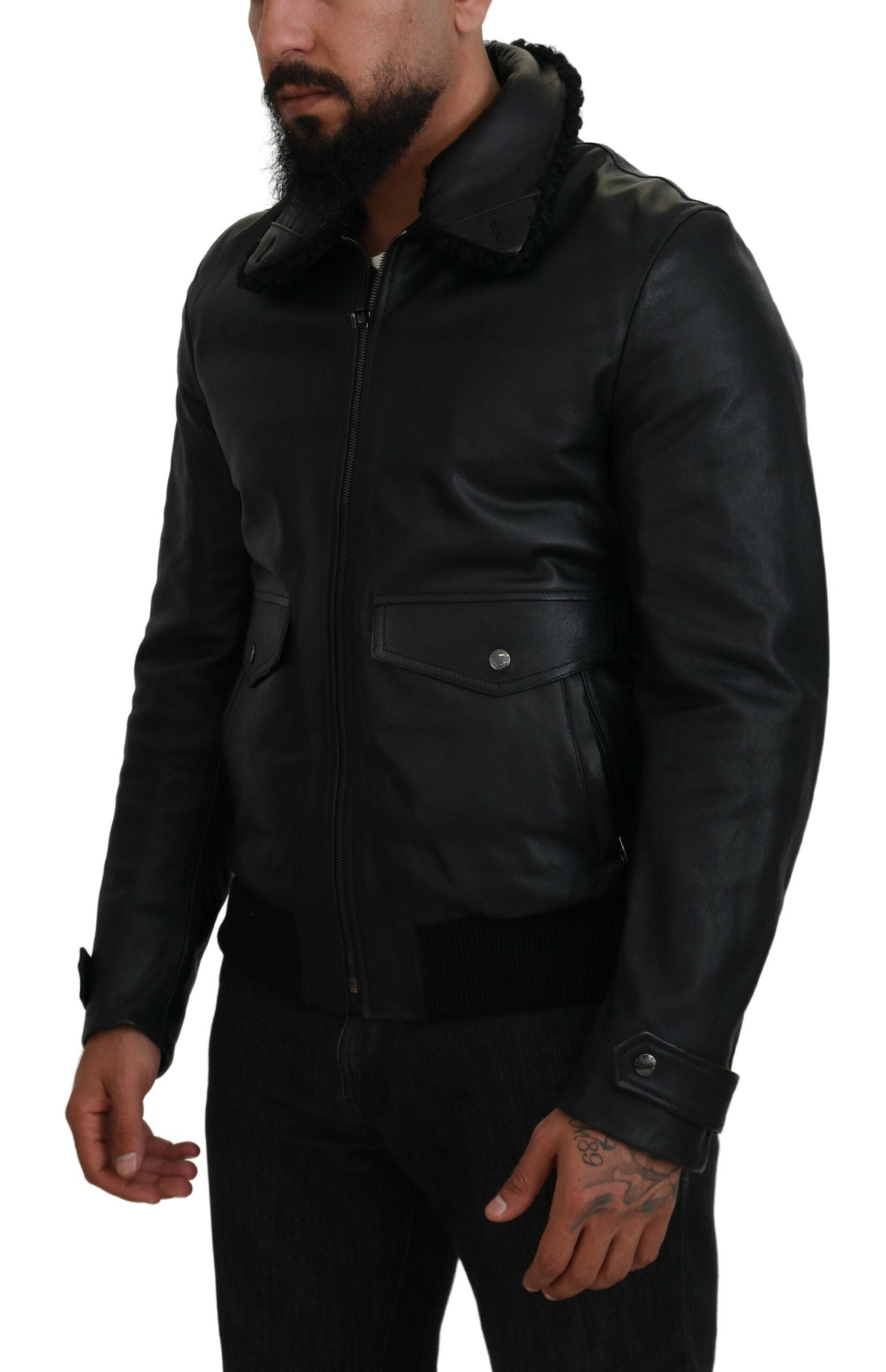 Dolce & Gabbana Schwarzes Lammleder mit Kragen Herrenmantel Jacke