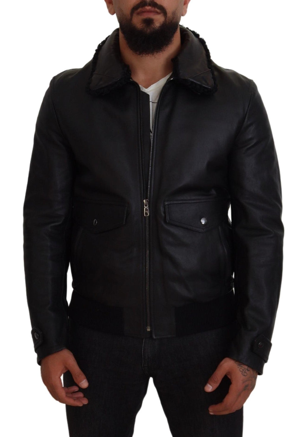 Dolce & Gabbana Schwarzes Lammleder mit Kragen Herrenmantel Jacke