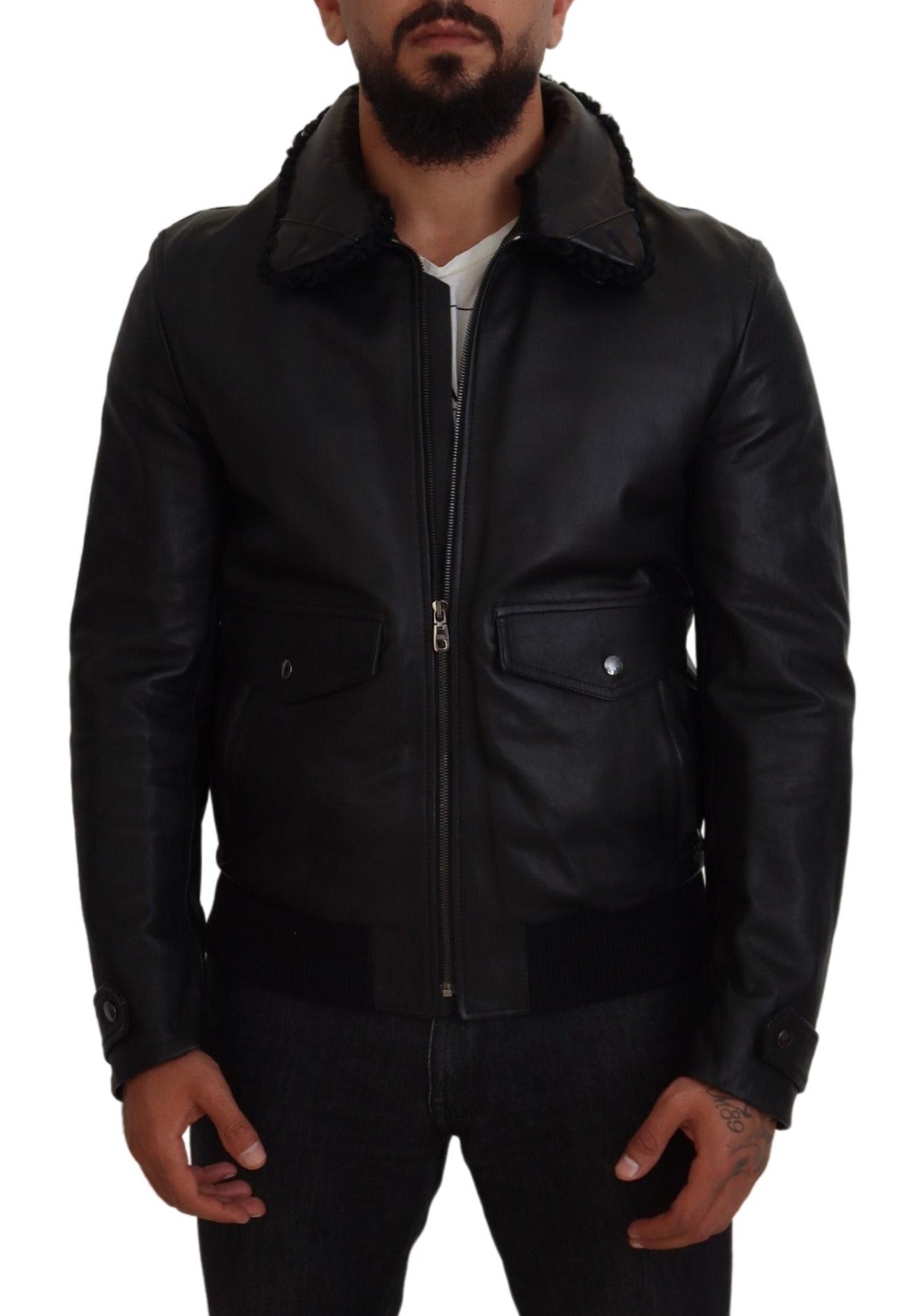 Dolce & Gabbana Schwarzes Lammleder mit Kragen Herrenmantel Jacke