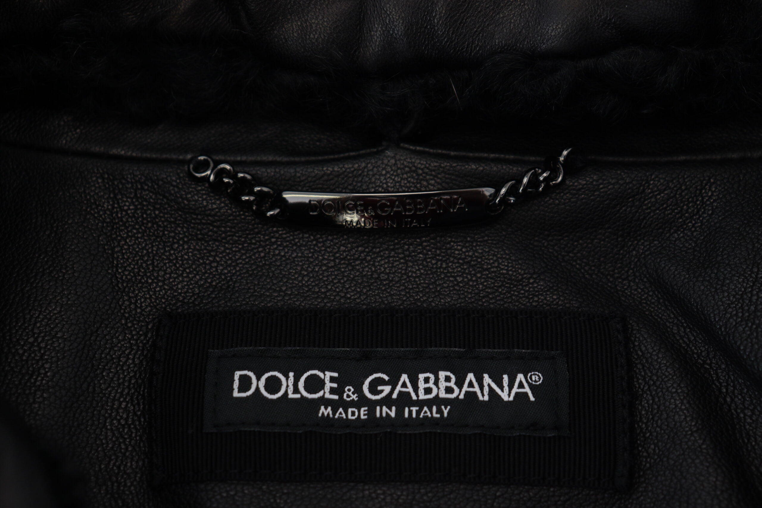 Dolce & Gabbana Schwarzes Lammleder mit Kragen Herrenmantel Jacke