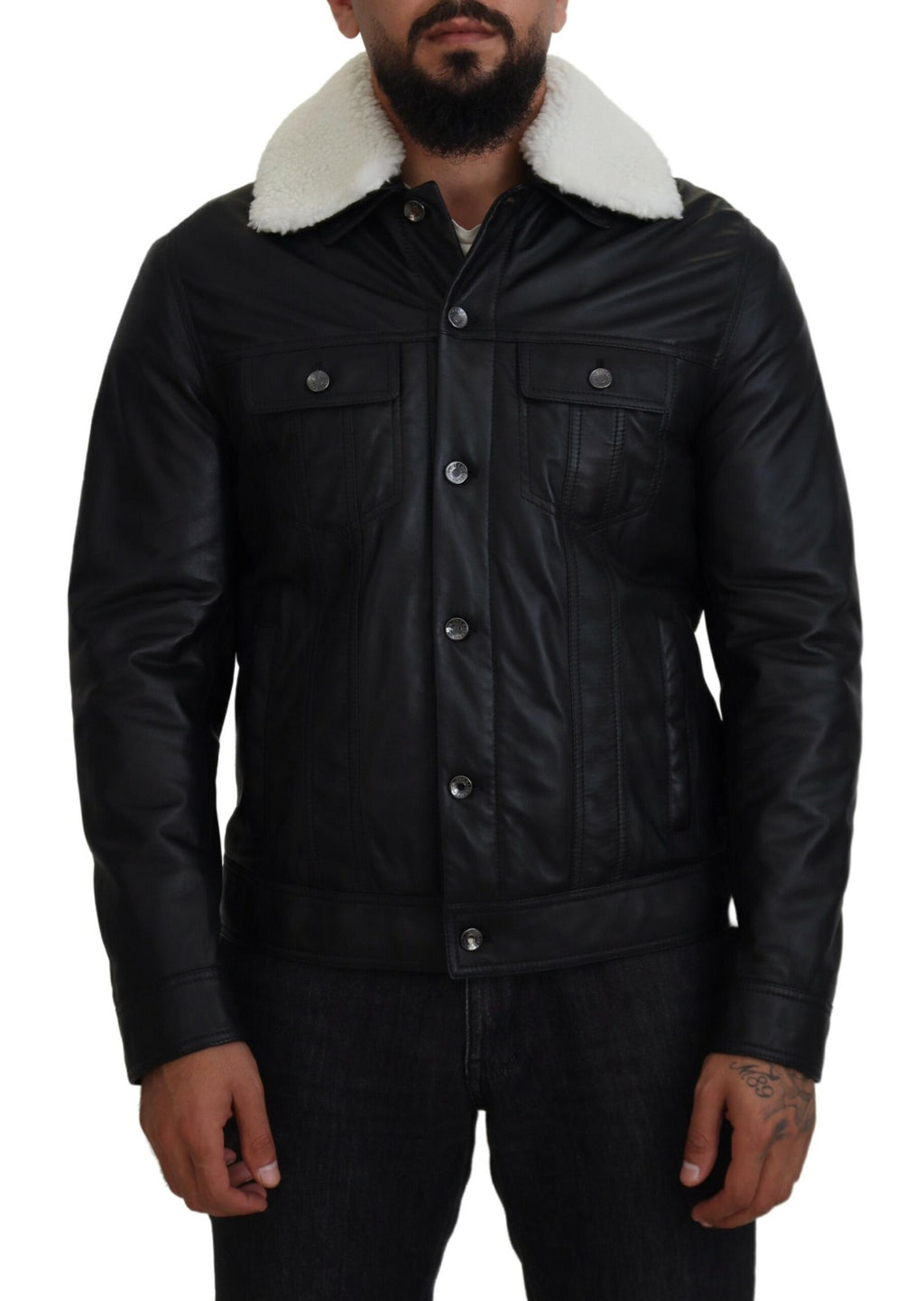 Dolce & Gabbana Schwarzes Lammleder mit Kragen Herrenmantel Jacke