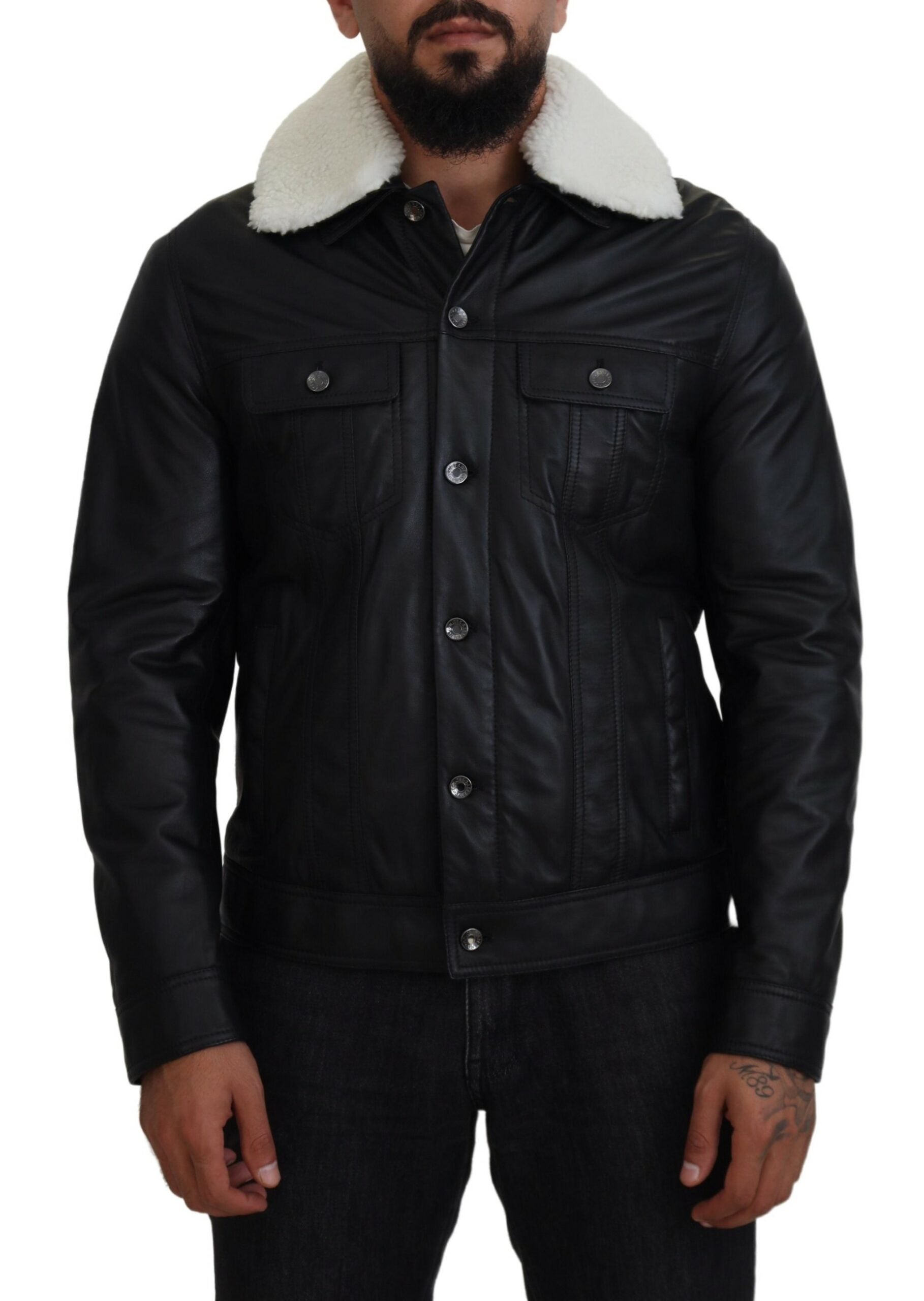 Dolce & Gabbana Schwarzes Lammleder mit Kragen Herrenmantel Jacke