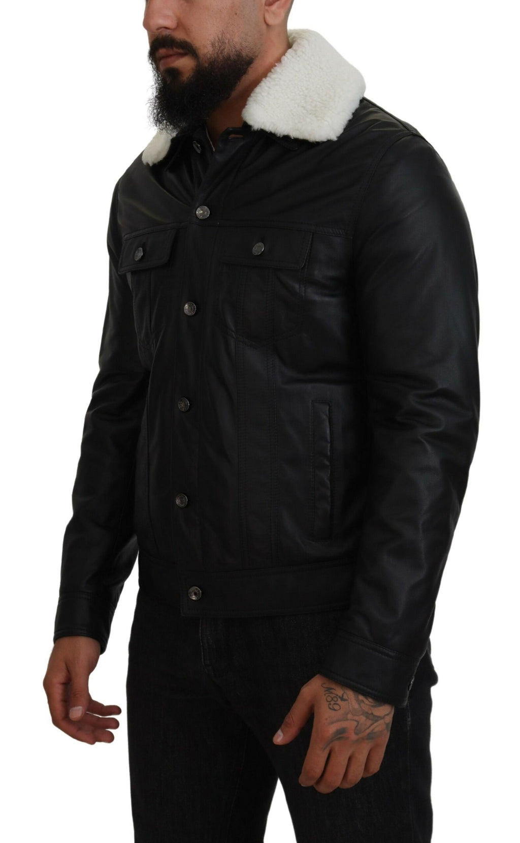 Dolce & Gabbana Schwarzes Lammleder mit Kragen Herrenmantel Jacke