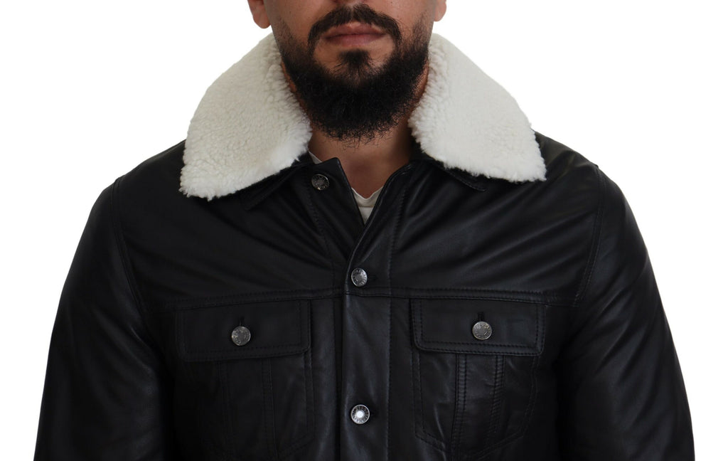 Dolce & Gabbana Schwarzes Lammleder mit Kragen Herrenmantel Jacke