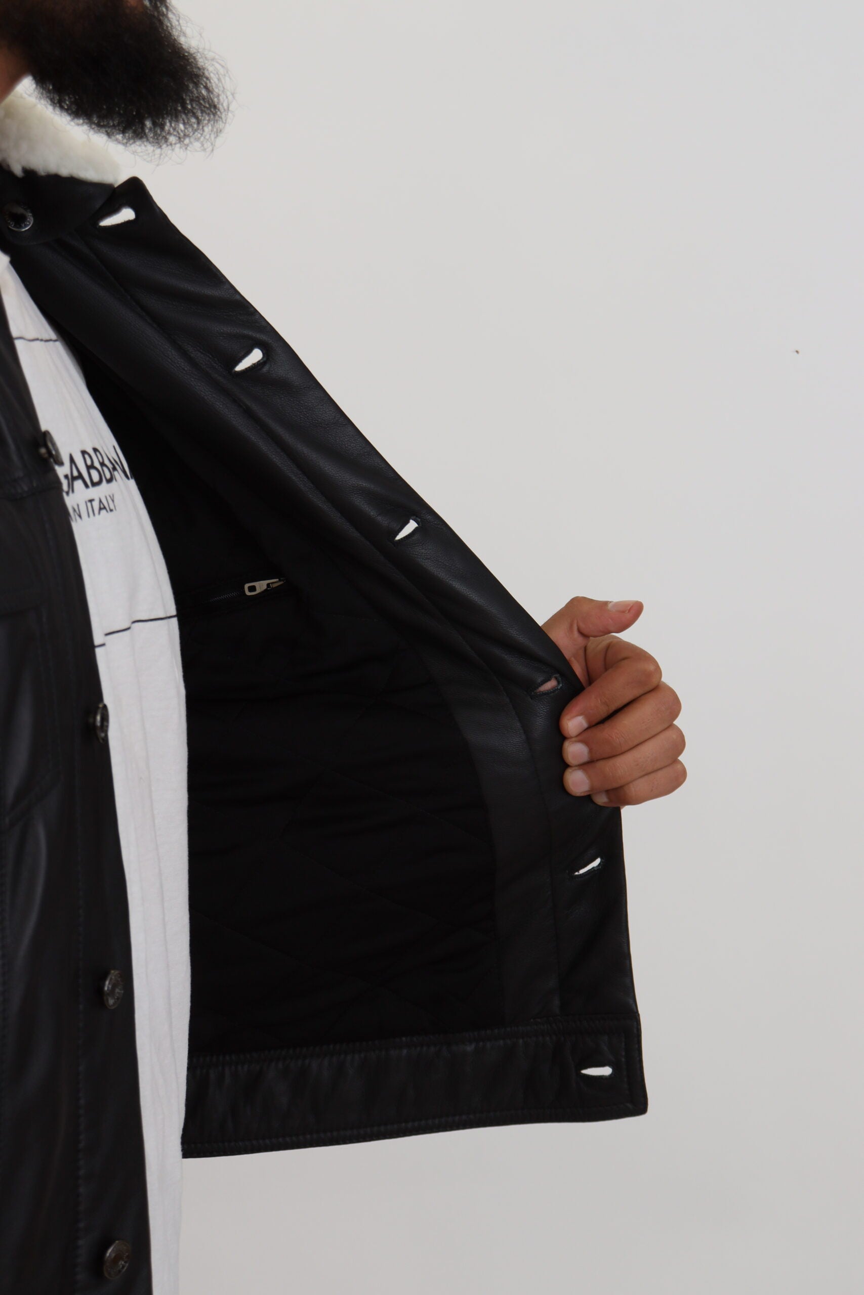 Dolce & Gabbana Schwarzes Lammleder mit Kragen Herrenmantel Jacke