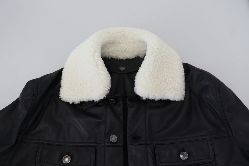 Dolce & Gabbana Schwarzes Lammleder mit Kragen Herrenmantel Jacke