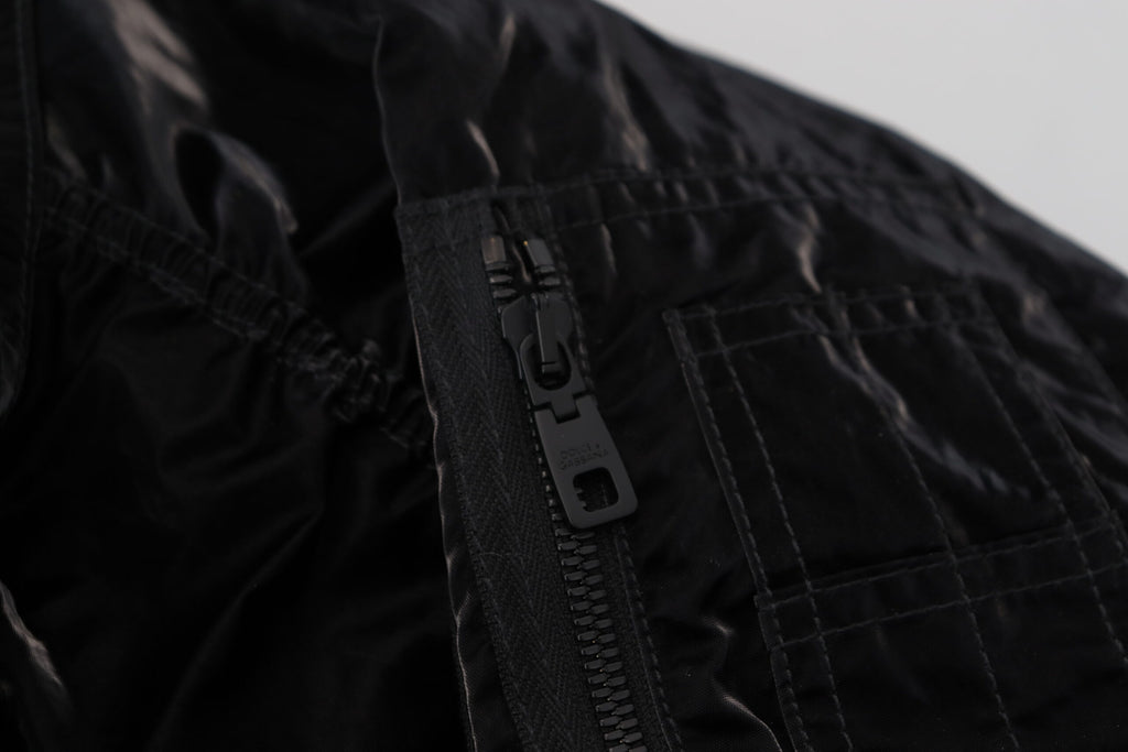 Dolce & Gabbana Schwarze Nylon Bomberjacke mit Kapuze und Reißverschluss