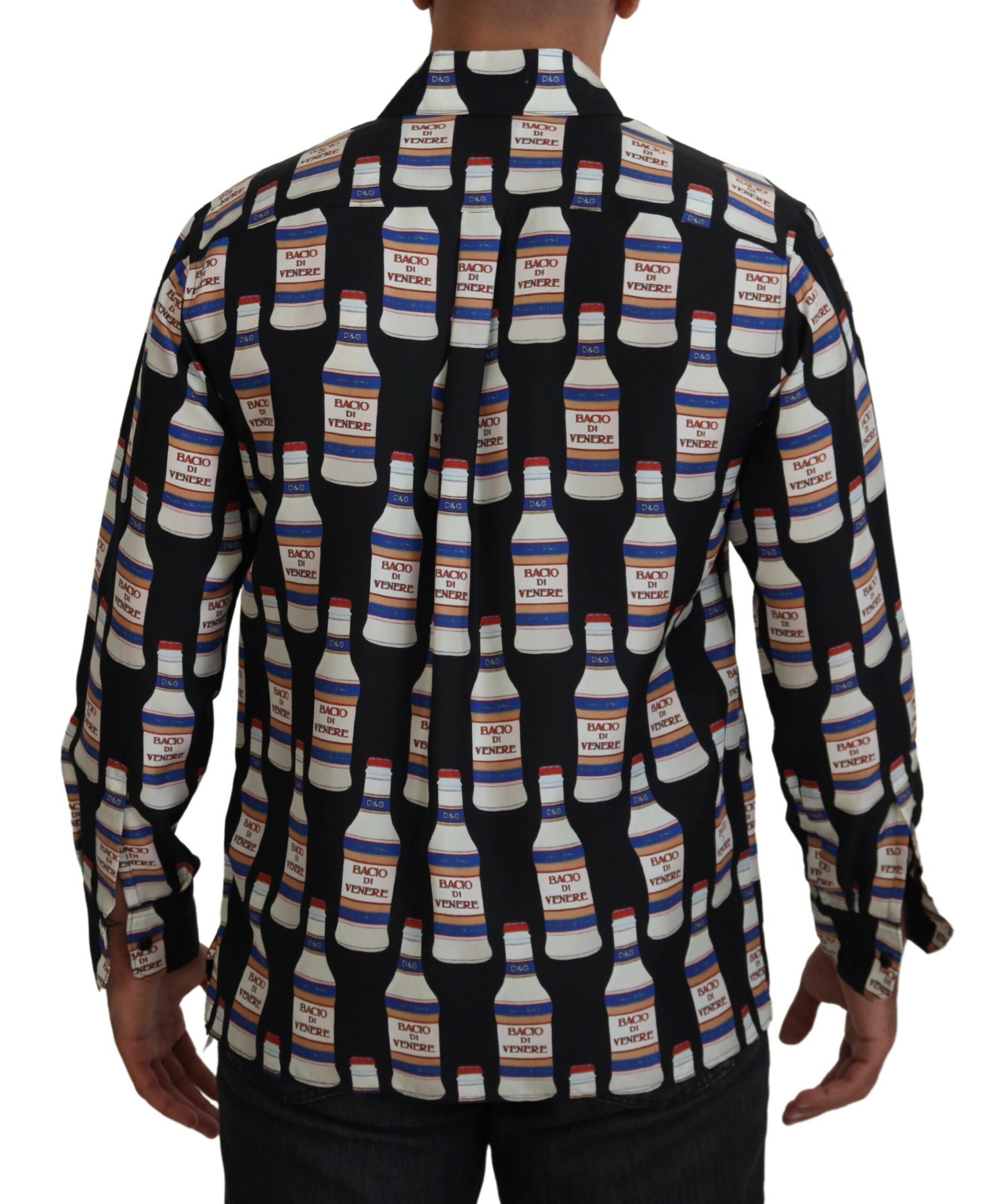 Dolce & Gabbana Schwarzes Seidenhemd mit bedrucktem Kragen für Männer Freizeithemd