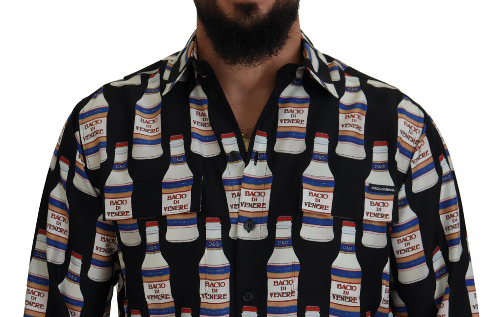 Dolce & Gabbana Schwarzes Seidenhemd mit bedrucktem Kragen für Männer Freizeithemd