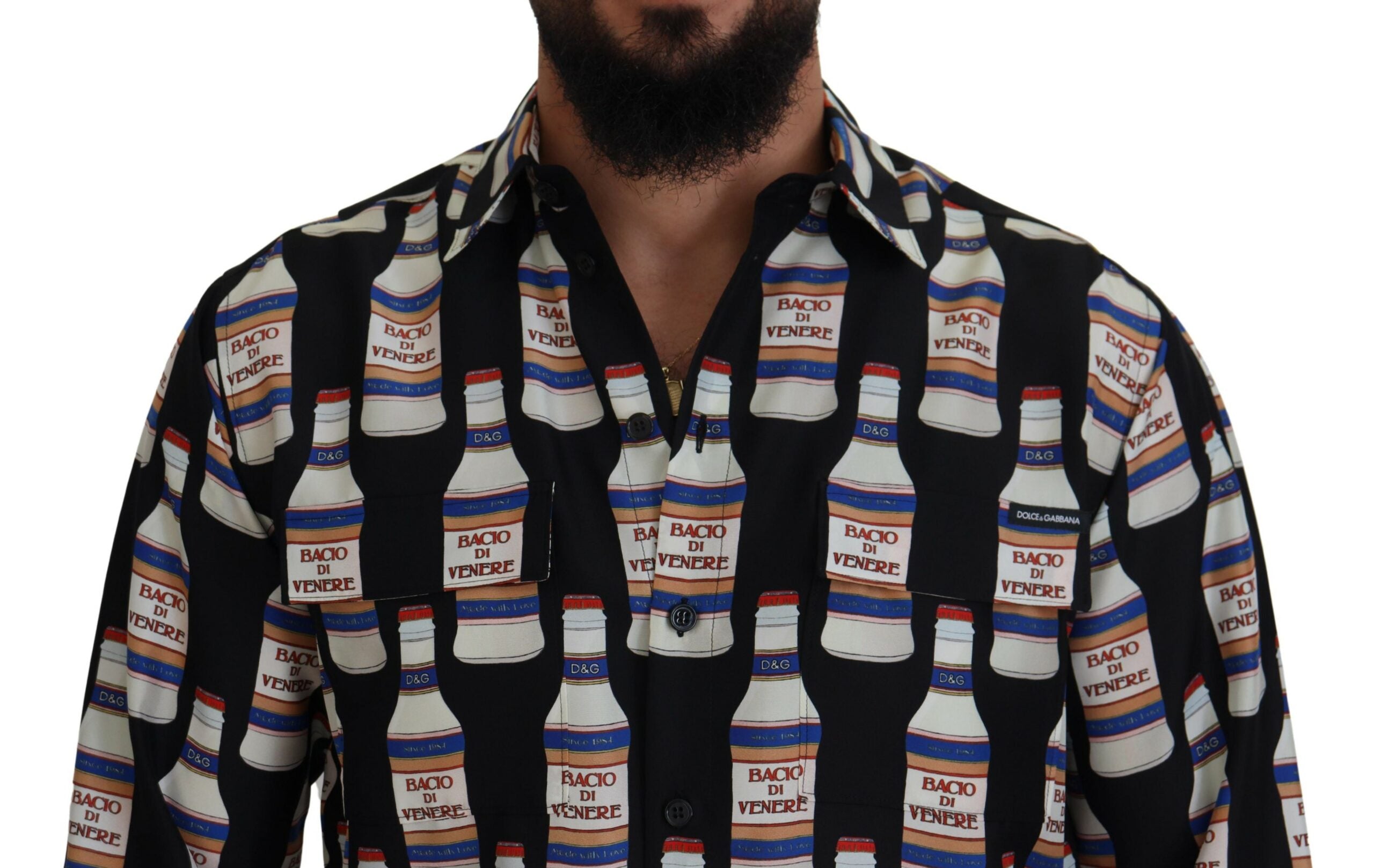 Dolce & Gabbana Schwarzes Seidenhemd mit bedrucktem Kragen für Männer Freizeithemd