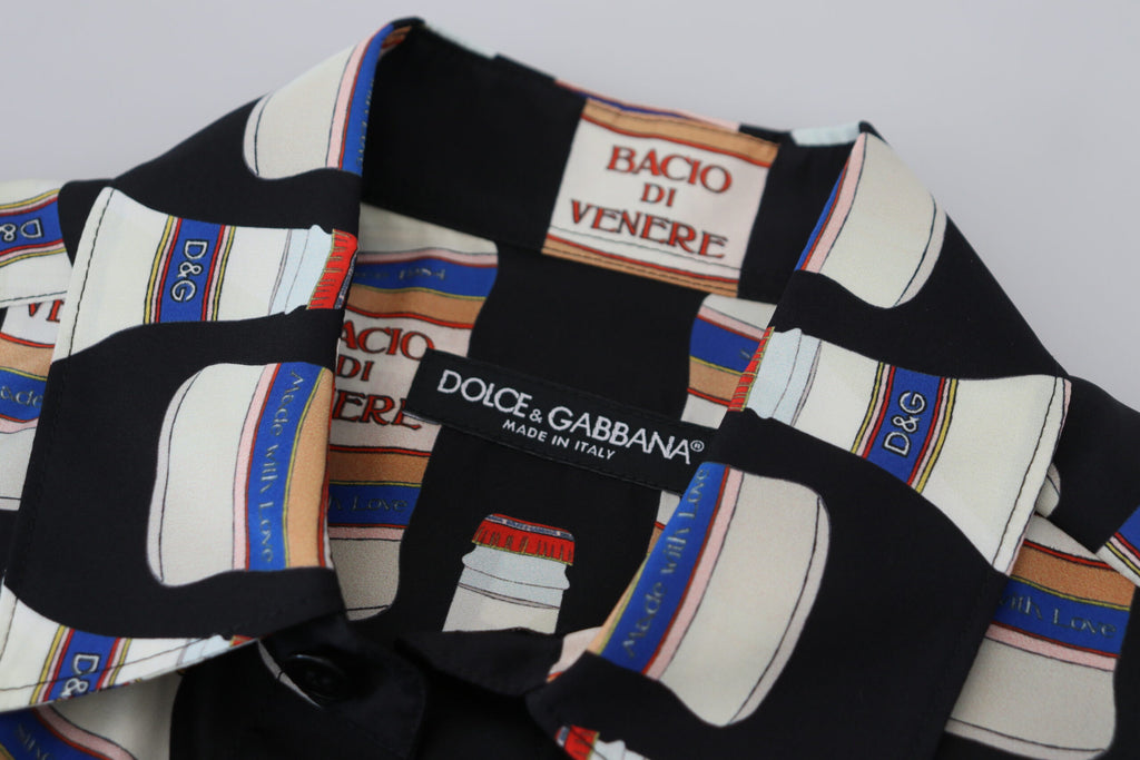 Dolce & Gabbana Schwarzes Seidenhemd mit bedrucktem Kragen für Männer Freizeithemd