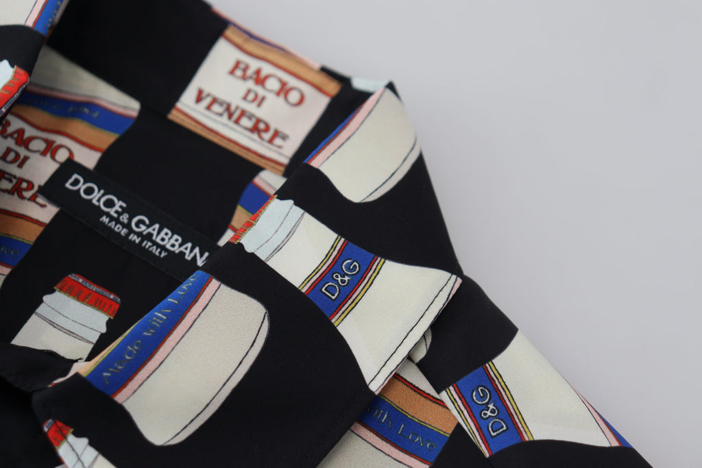 Dolce & Gabbana Schwarzes Seidenhemd mit bedrucktem Kragen für Männer Freizeithemd