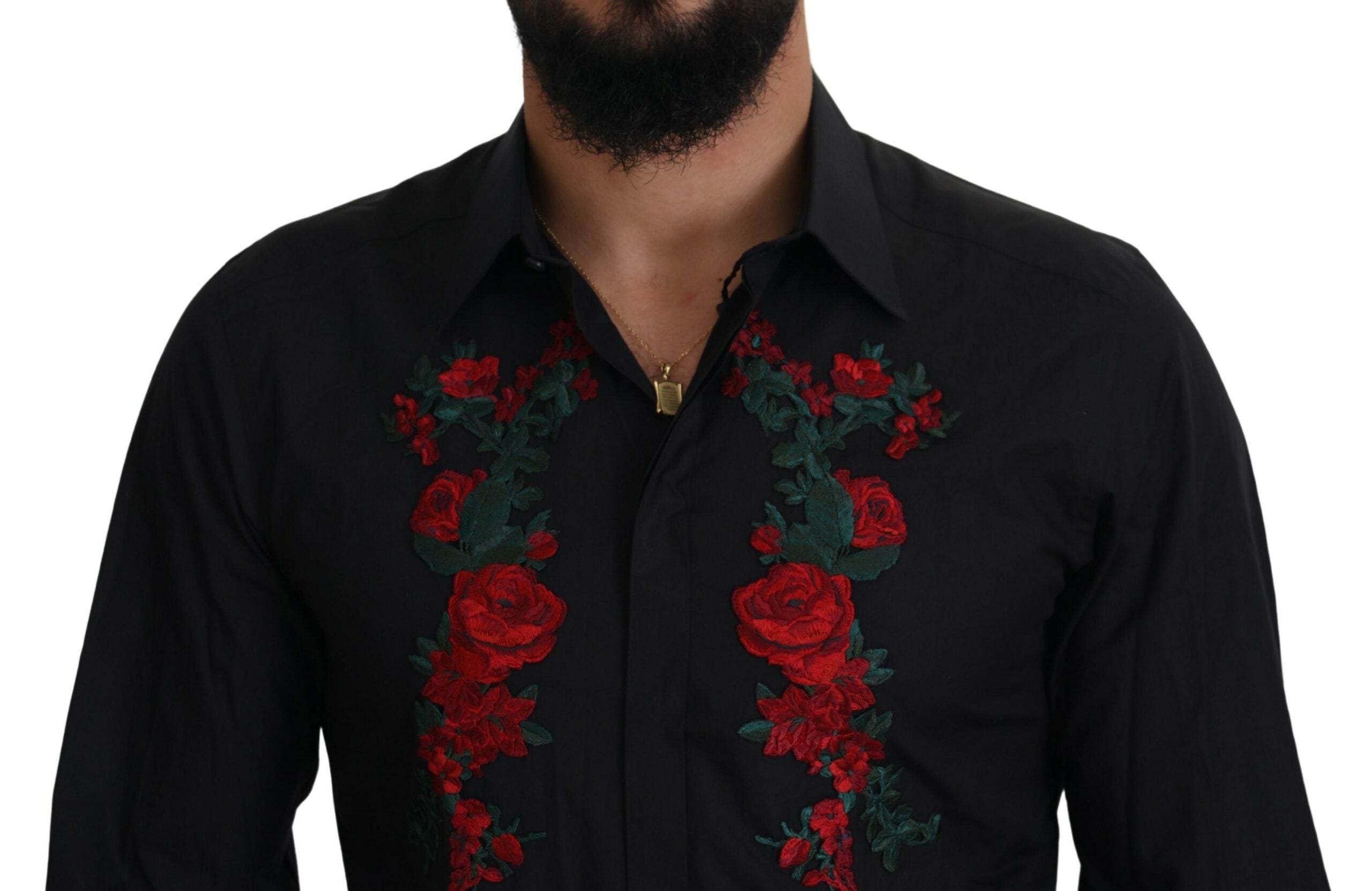Dolce & Gabbana Schwarz Floral Stickerei Männer Lange Ärmel GOLD Hemd