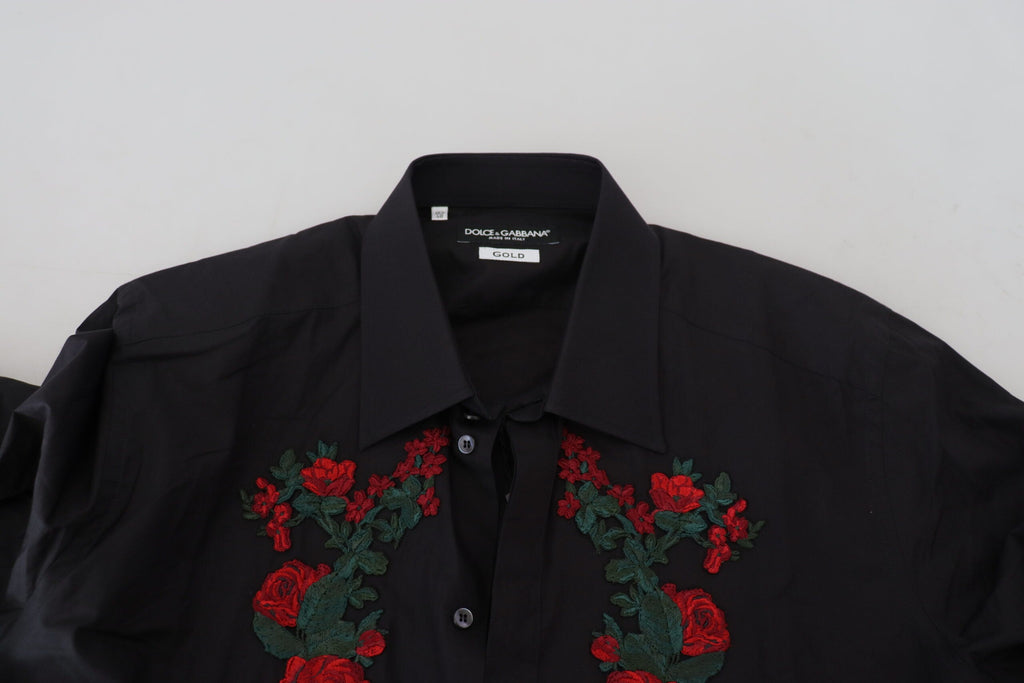 Dolce & Gabbana Schwarz Floral Stickerei Männer Lange Ärmel GOLD Hemd