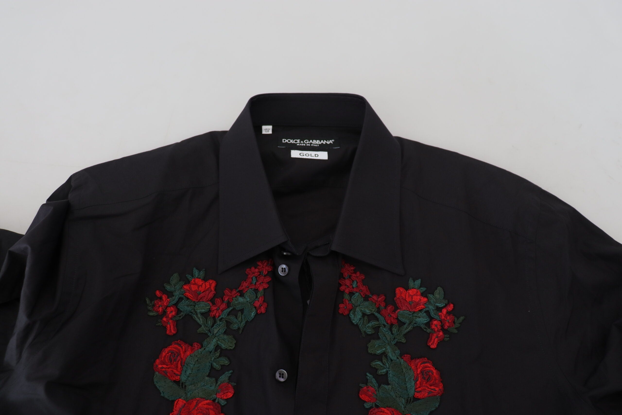 Dolce & Gabbana Schwarz Floral Stickerei Männer Lange Ärmel GOLD Hemd