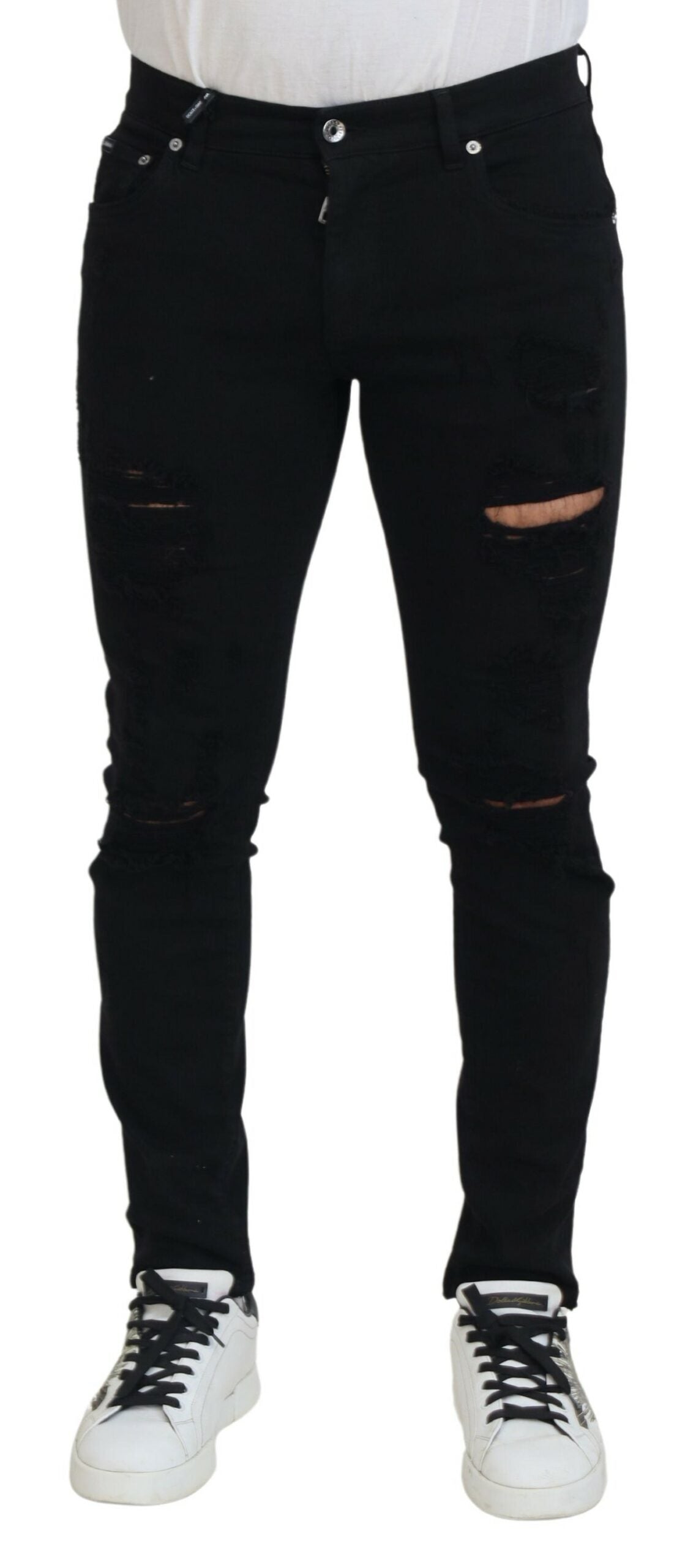 Dolce & Gabbana Schwarze Slim Fit Tattered Denim Baumwolljeans