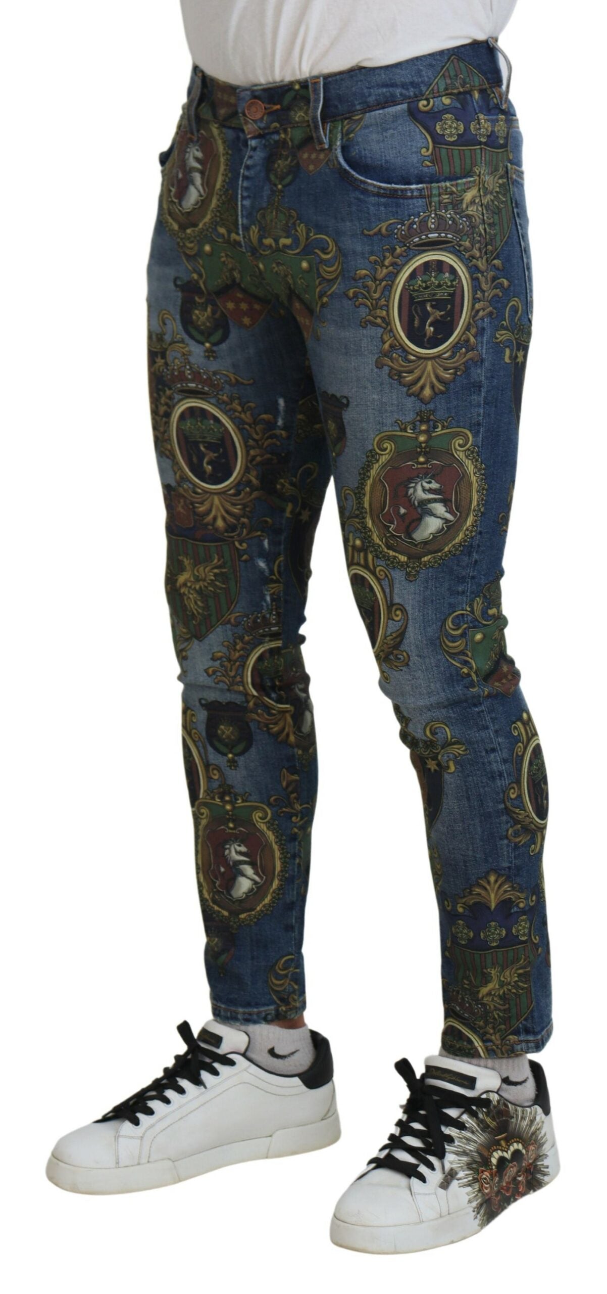 Dolce & Gabbana Blaue Medaillendruck Slim Fit Baumwolljeans