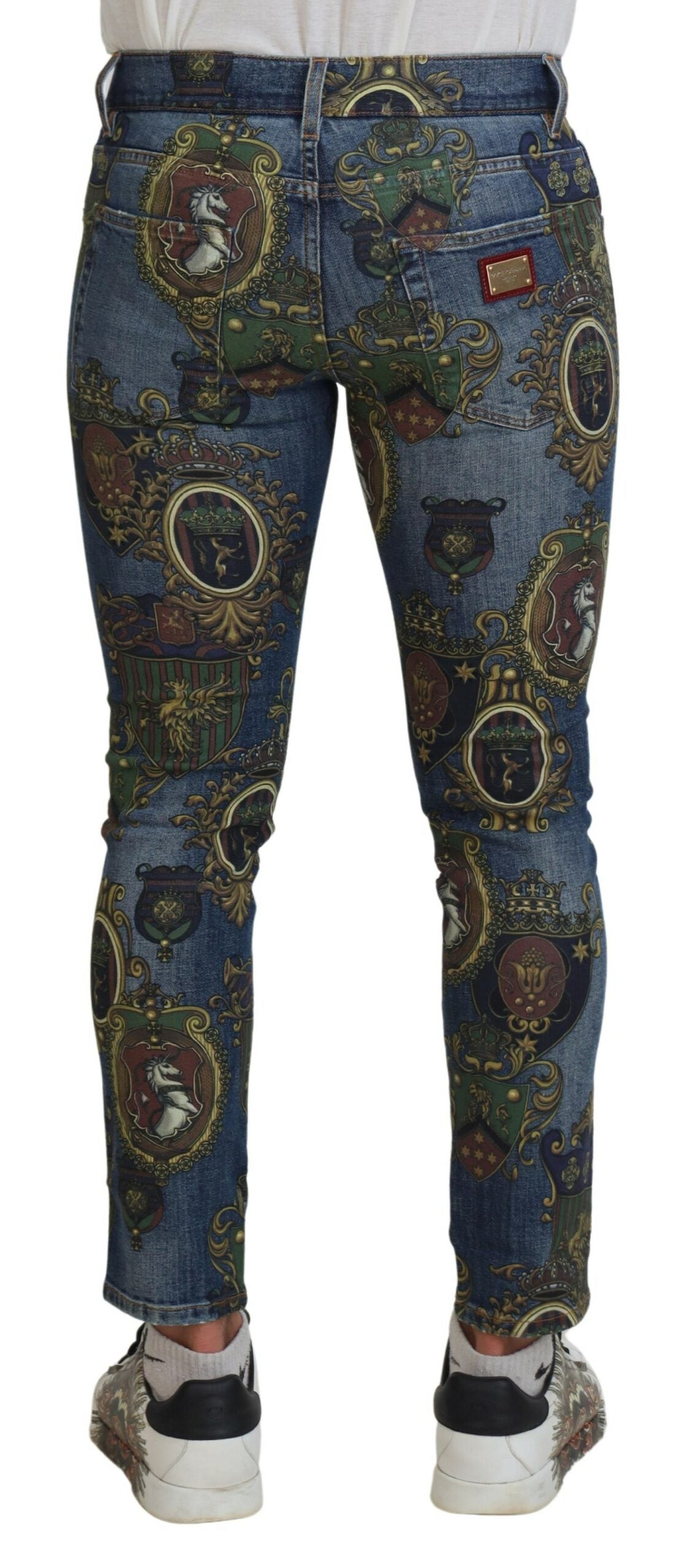 Dolce & Gabbana Blaue Medaillendruck Slim Fit Baumwolljeans