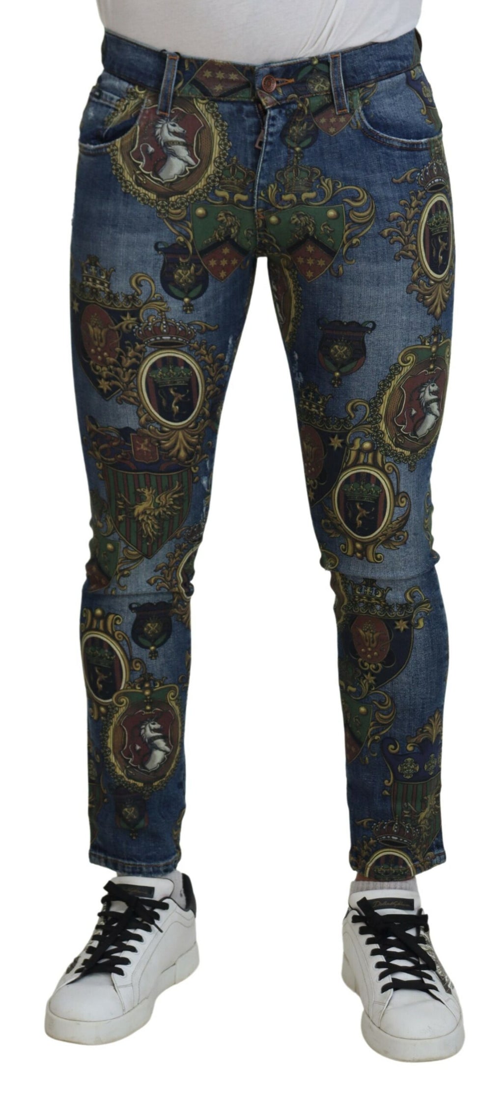 Dolce & Gabbana Blaue Medaillendruck Slim Fit Baumwolljeans