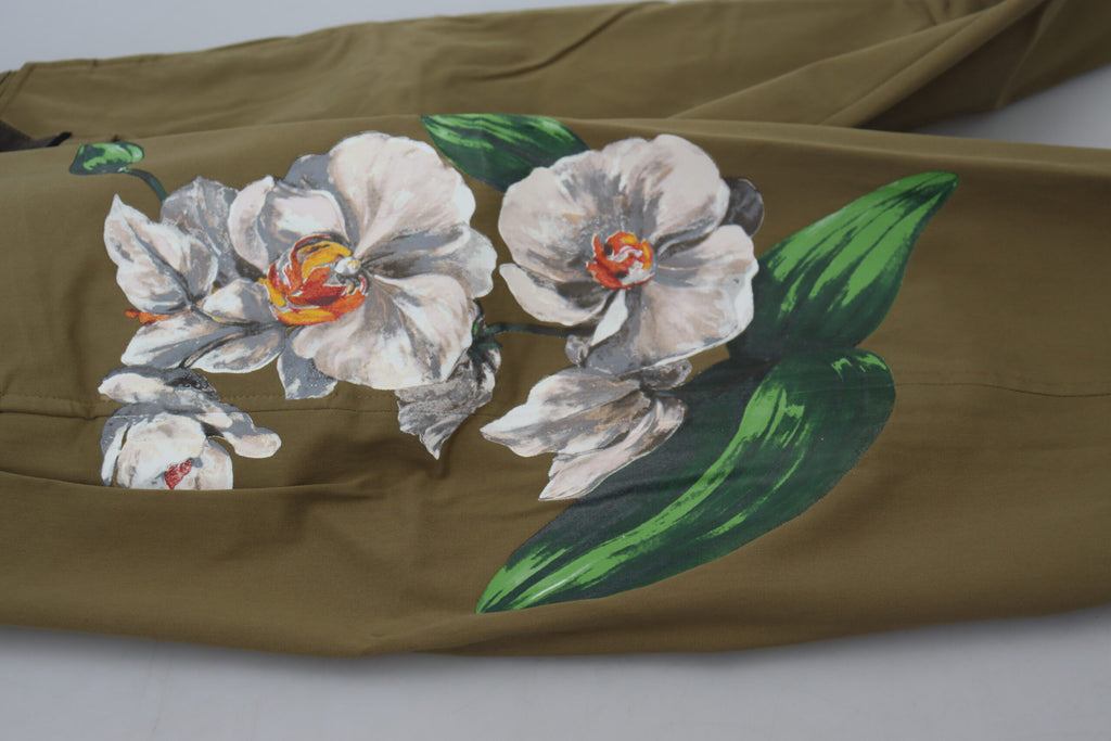 Dolce & Gabbana Beigefarbene Stretch-Chinohose aus Baumwolle mit Blumenmuster