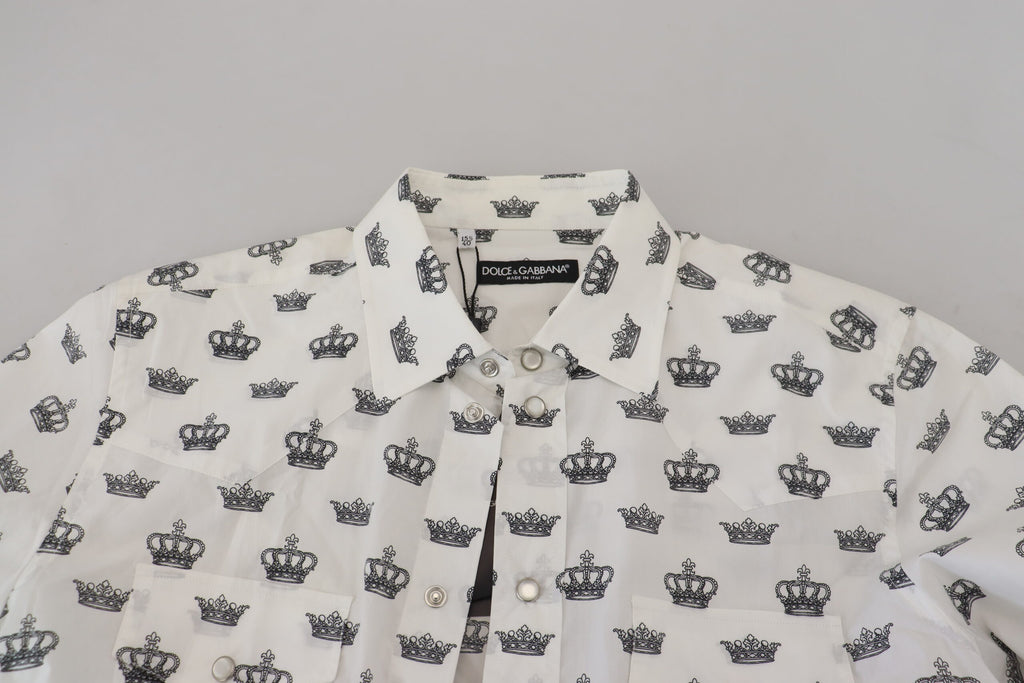 Dolce & Gabbana Weißes Crown Print Slim Fit Baumwollhemd