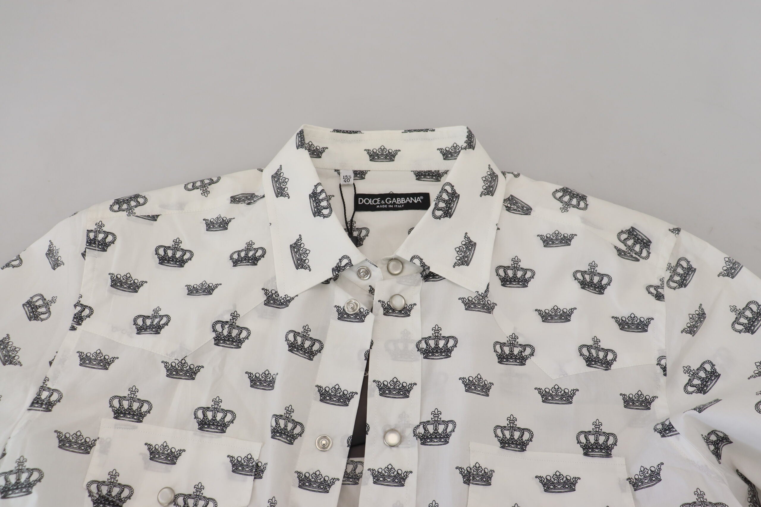 Dolce & Gabbana Weißes Crown Print Slim Fit Baumwollhemd