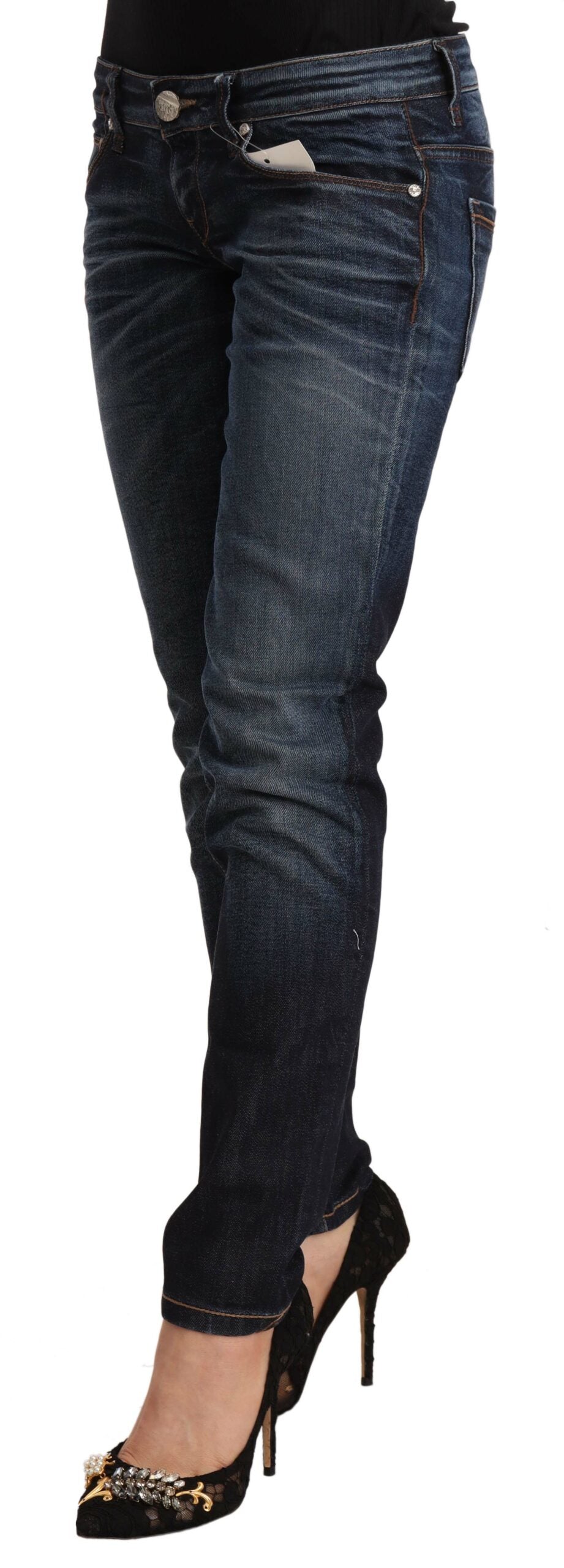 Acht Blaue Skinny Denim Jeans aus gewaschener Baumwolle mit niedriger Taille