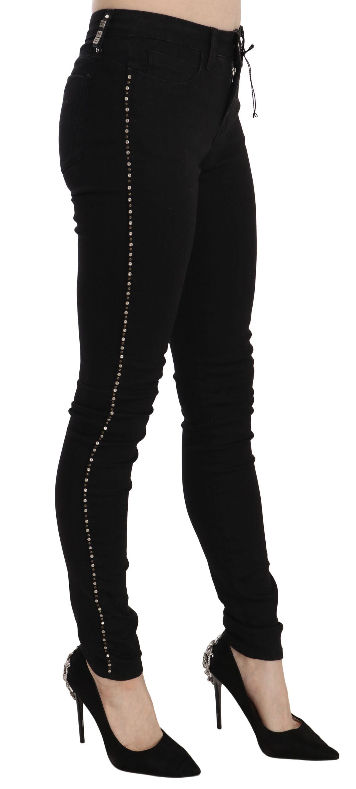 Costume National Schwarze verzierte Skinny Denim Jeans mit mittlerer Taille