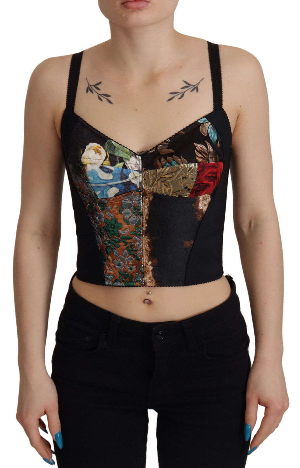 Dolce & Gabbana Schwarzes Patchwork Sizilien Bluse Korsett Cropped Top