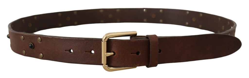 Dolce & Gabbana Brauner Leder Nietengürtel mit goldfarbener Metallschnalle