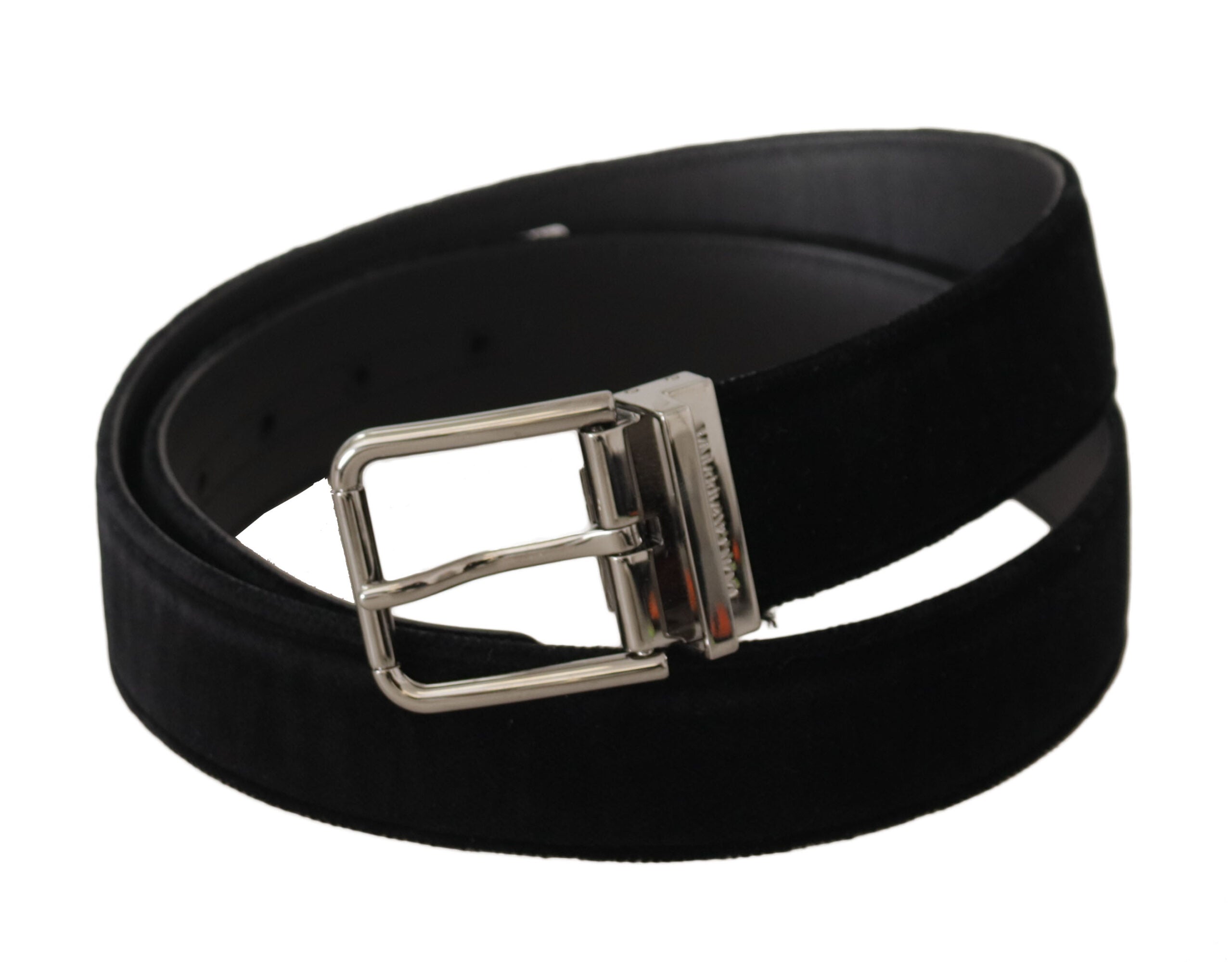 Dolce & Gabbana Schwarzer Samt Silbernes Logo mit gravierter Metallschnalle Gürtel