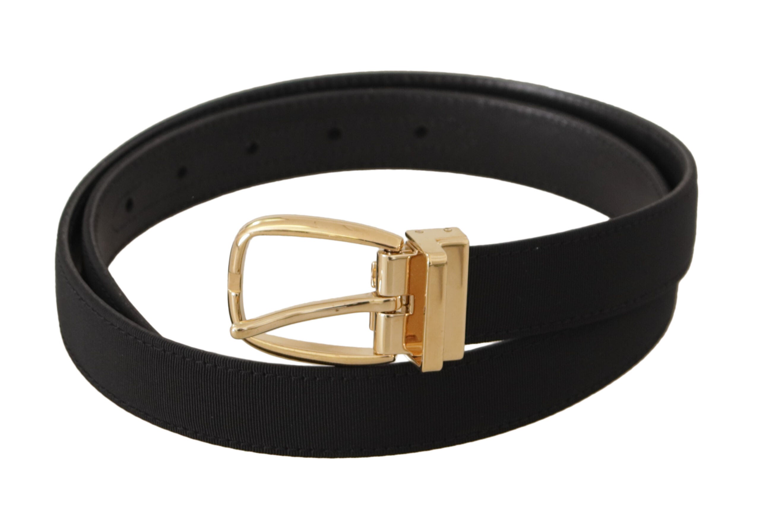Dolce & Gabbana Schwarzer Canvas-Leder-Gürtel mit goldener Metallschnalle