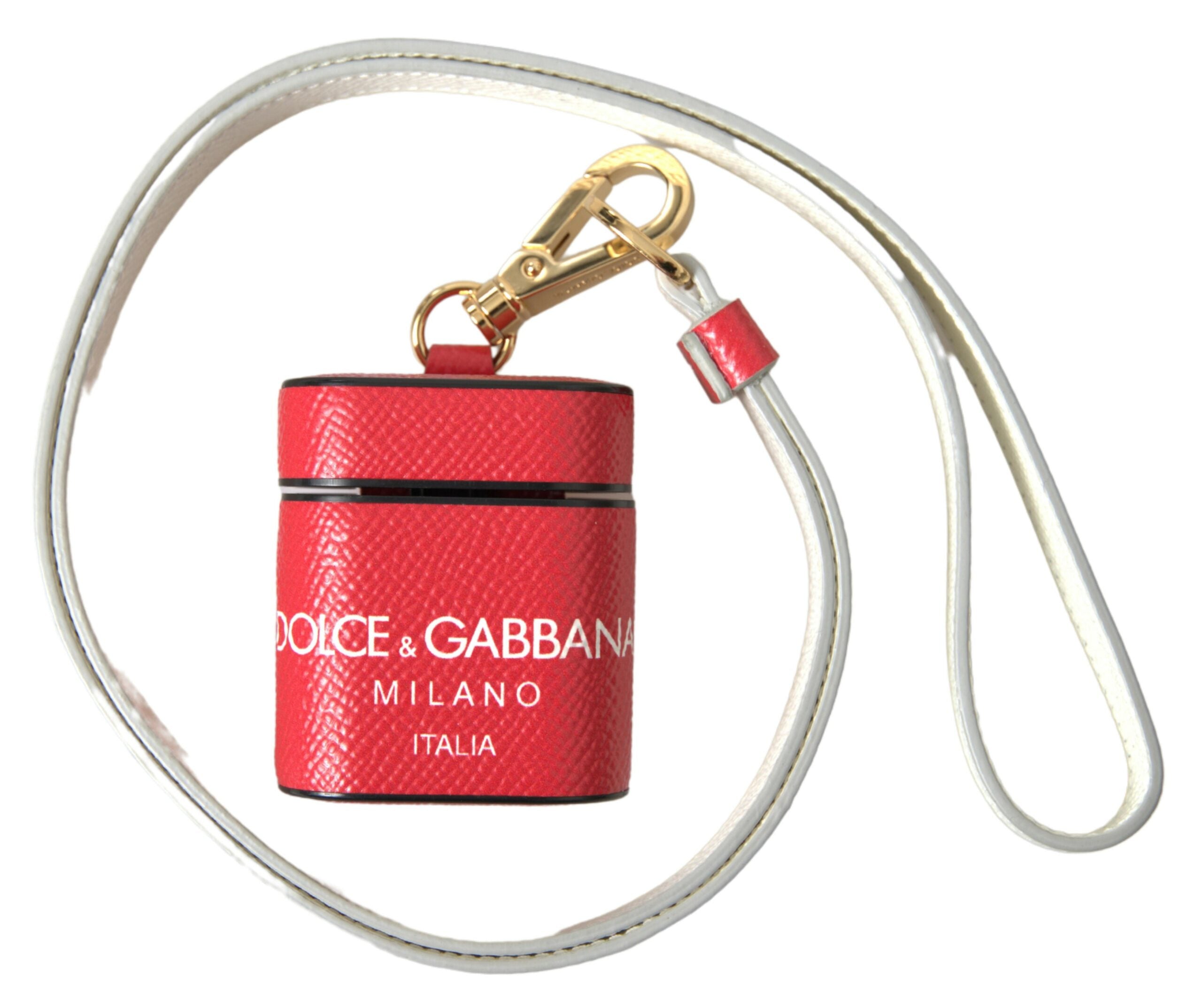 Dolce & Gabbana Rotes Leder Gold-Ton Metall Logo Druck Riemen Airpods Fall